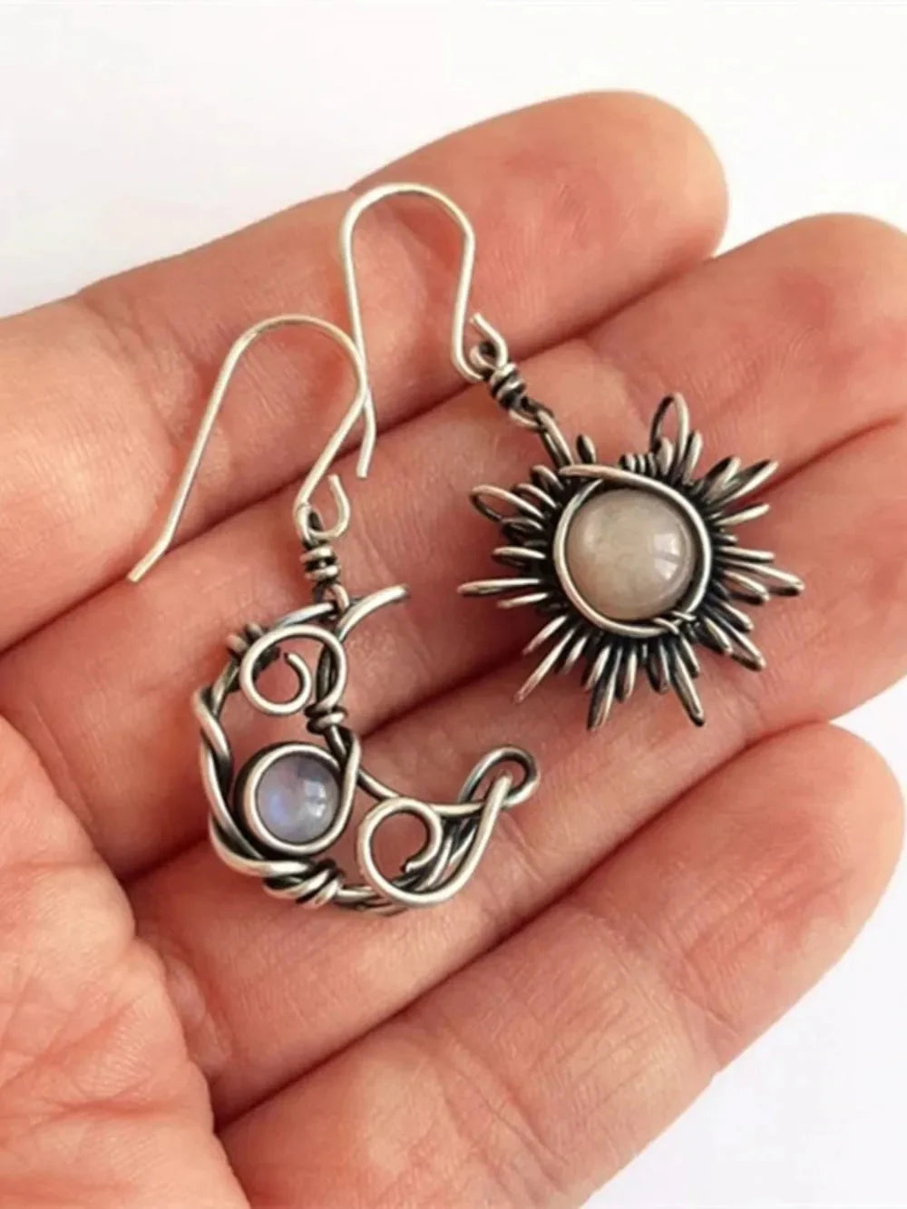 Moonstone Sun & Moon Celestial Drop Earrings – Boho Alloy Dangle Jewelry