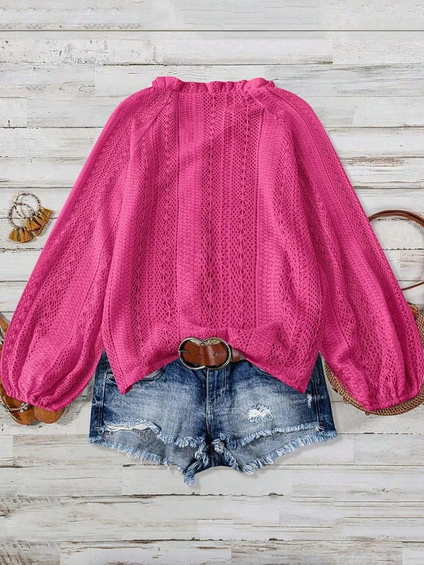 Crochet Notched Button Front Shirt