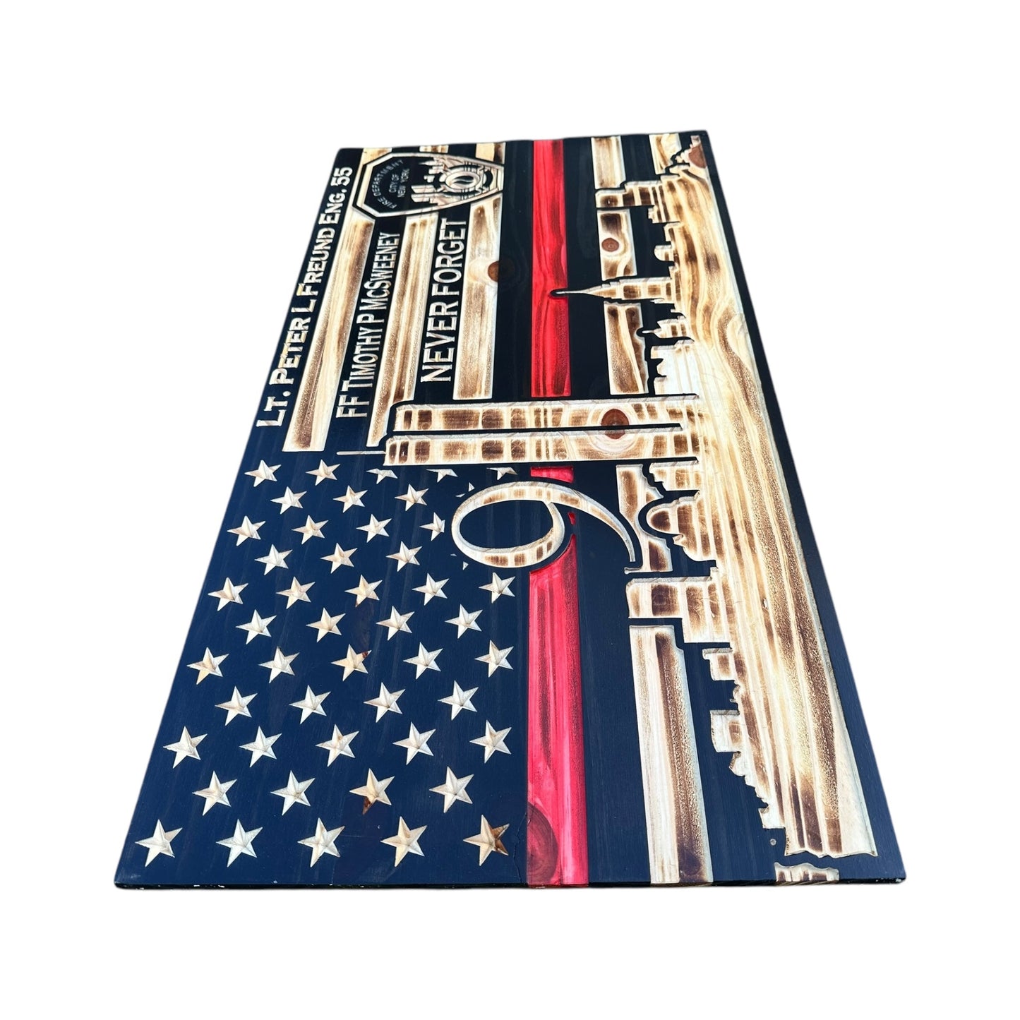 Wooden American Flag with NYC Skyline and Twin Towers - 9/11 Tribute Wall Art