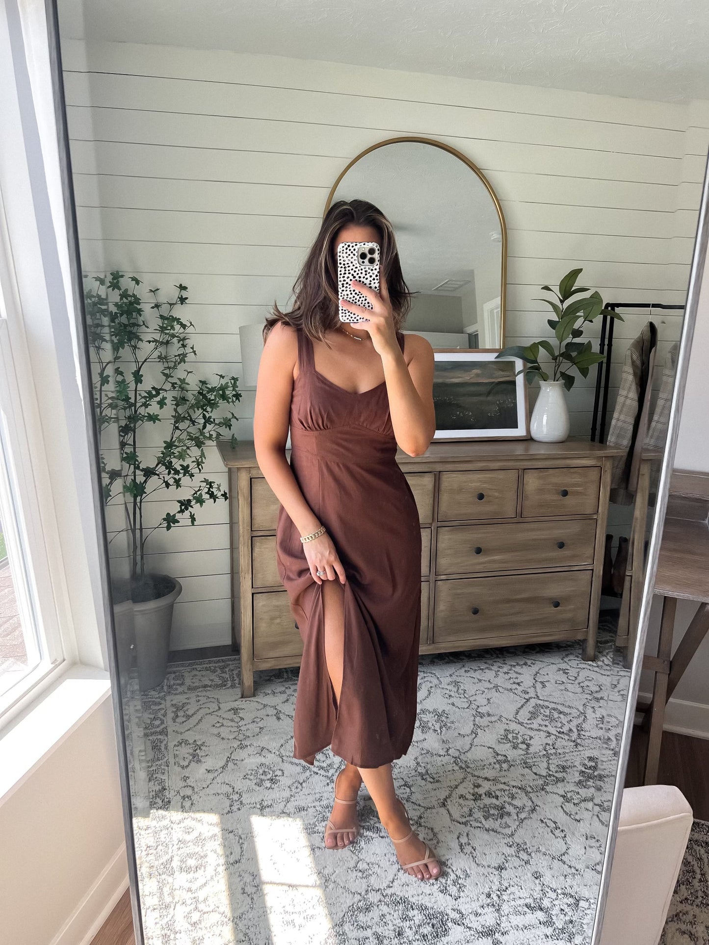 Brown V Neck Linen Midi Dress - DOORBUSTER