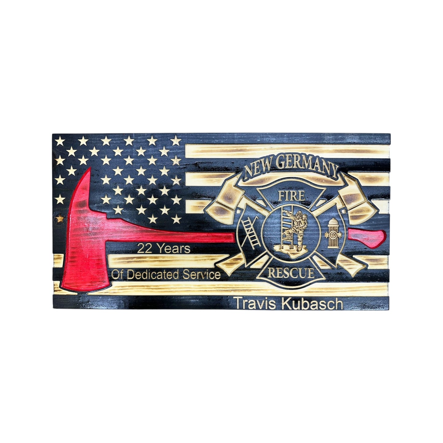 Wooden Thin Red Line American Flag with Firefighter Axe and Custom Badge