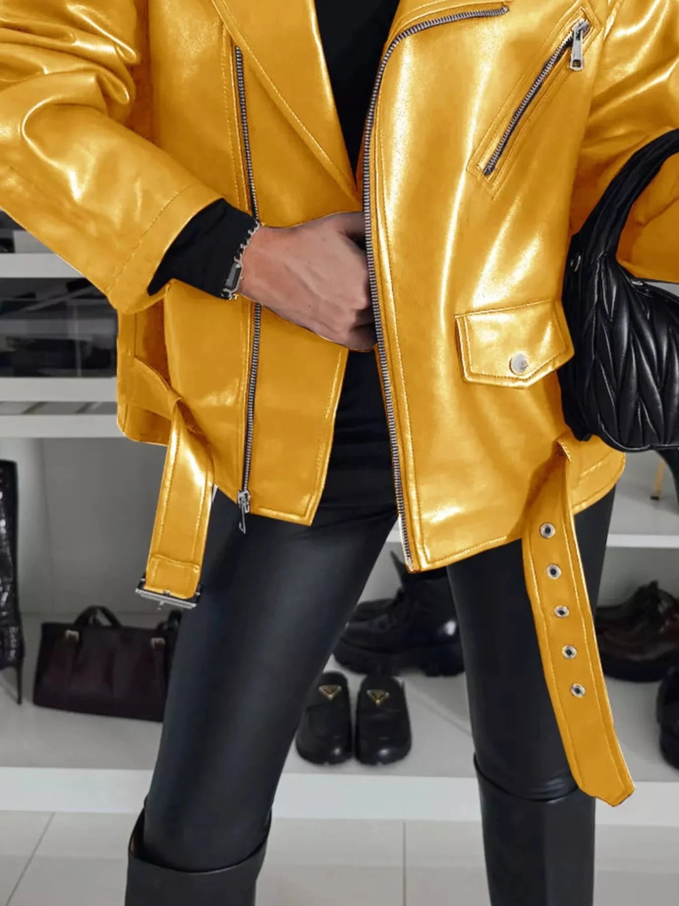 Plus Size Zip Up Long Sleeve Faux Leather Jacket