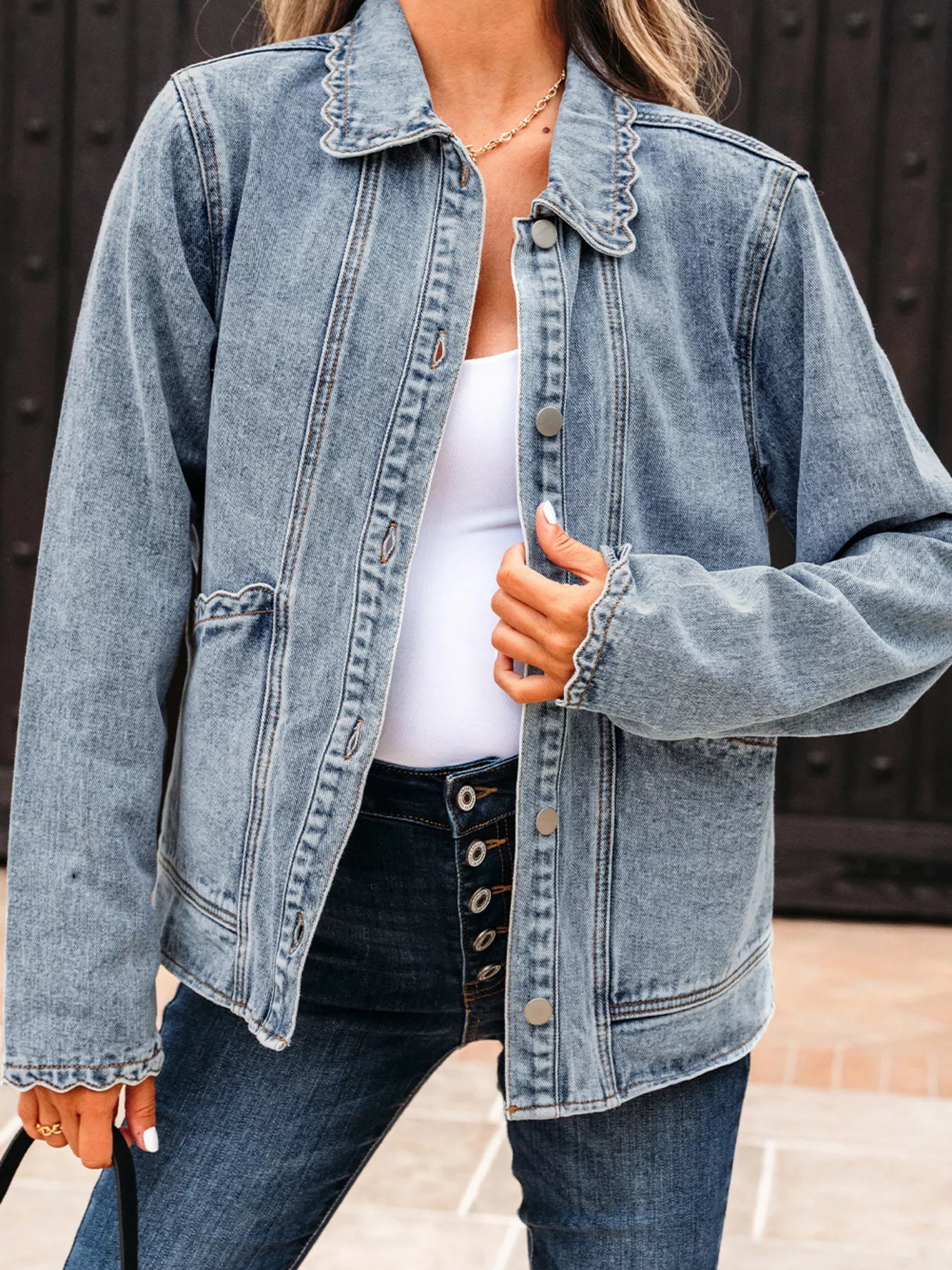Scallop Trim Collar Patched Pocket Button Up Denim Jacket