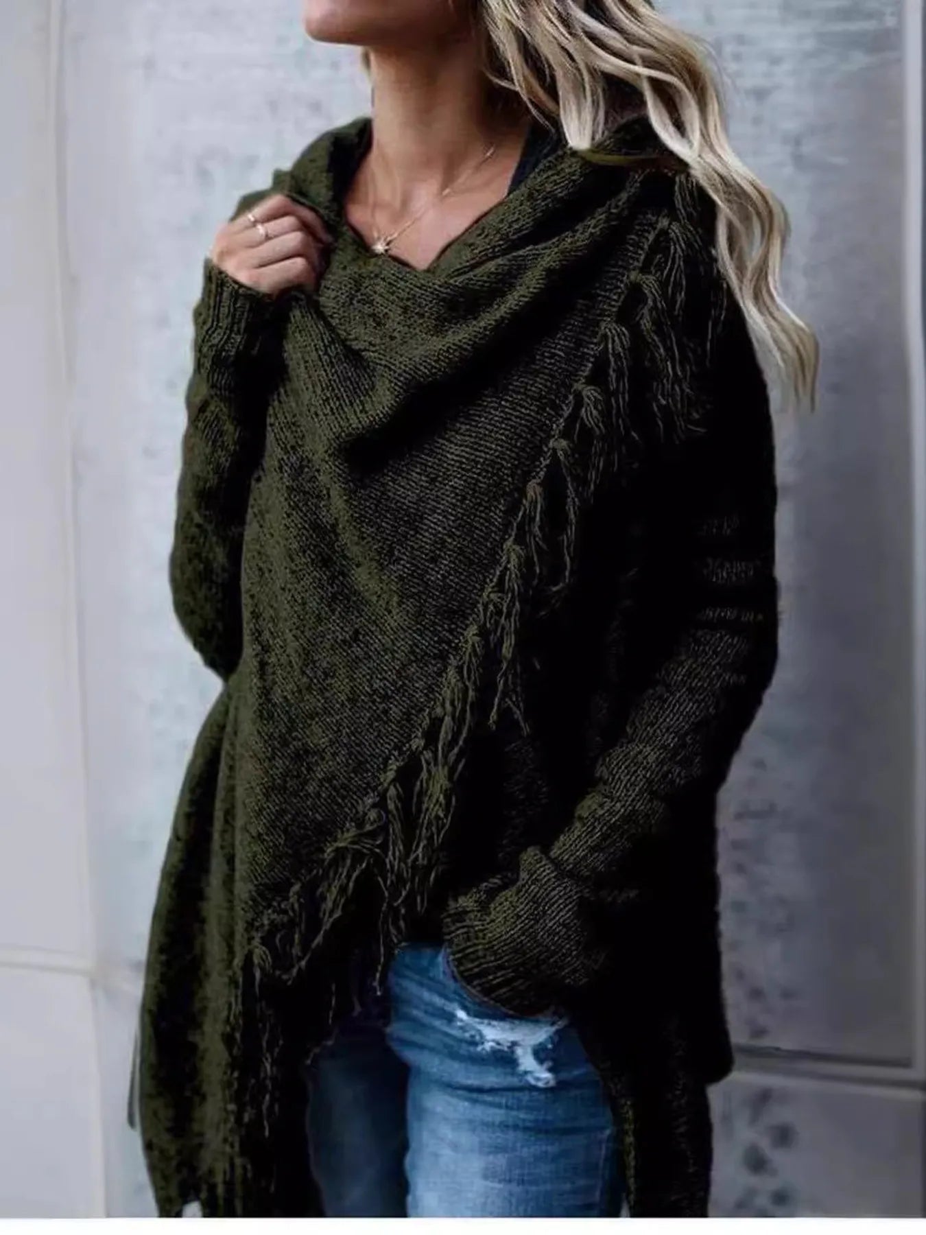Fringe Long Sleeve Wrap Oversized Cardigan