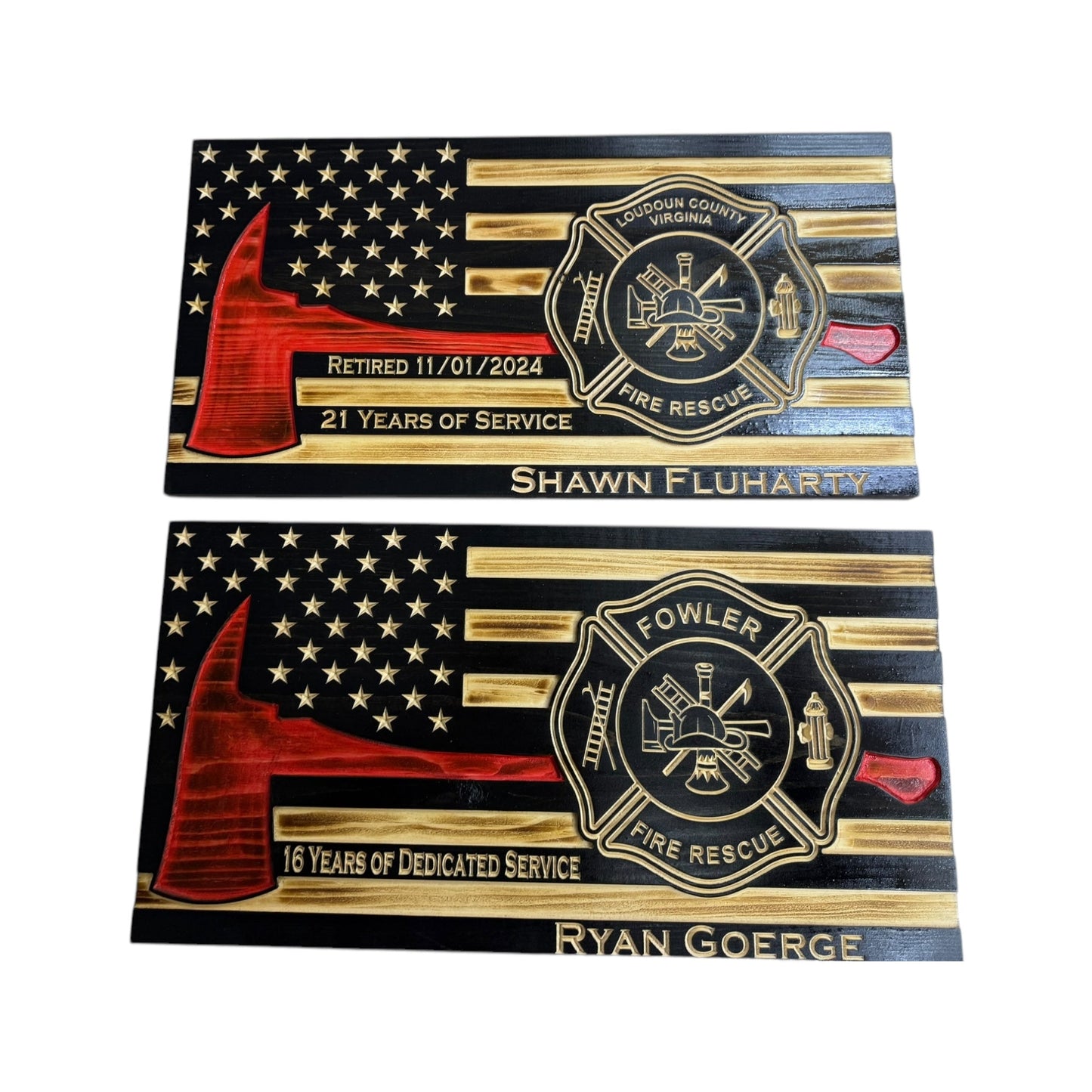 Wooden Thin Red Line American Flag with Firefighter Axe and Custom Badge