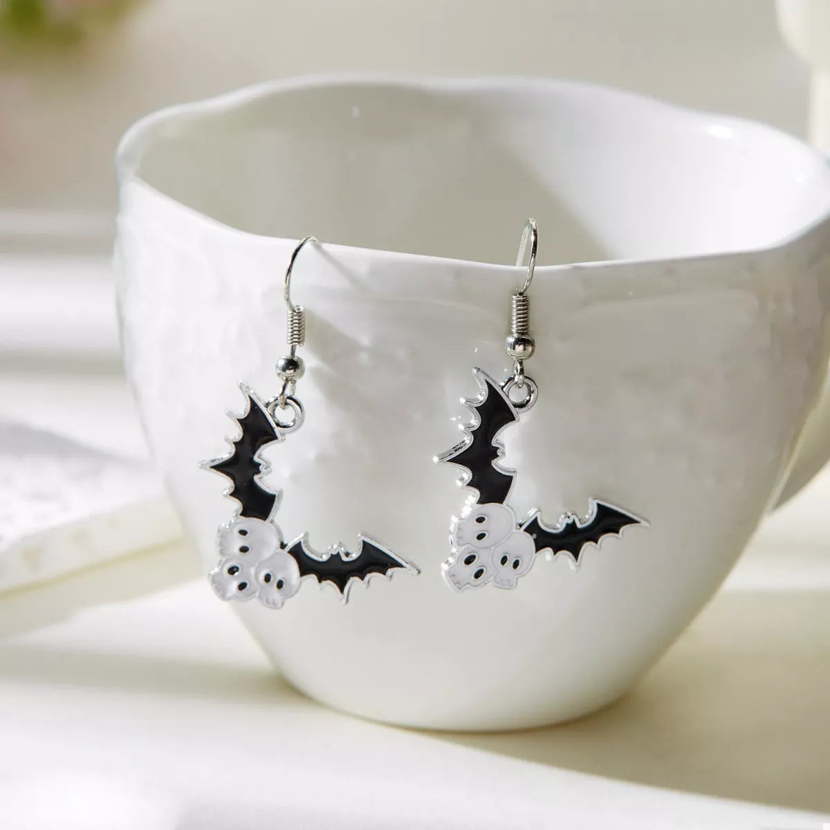 Bat and Skull Halloween Drop Earrings