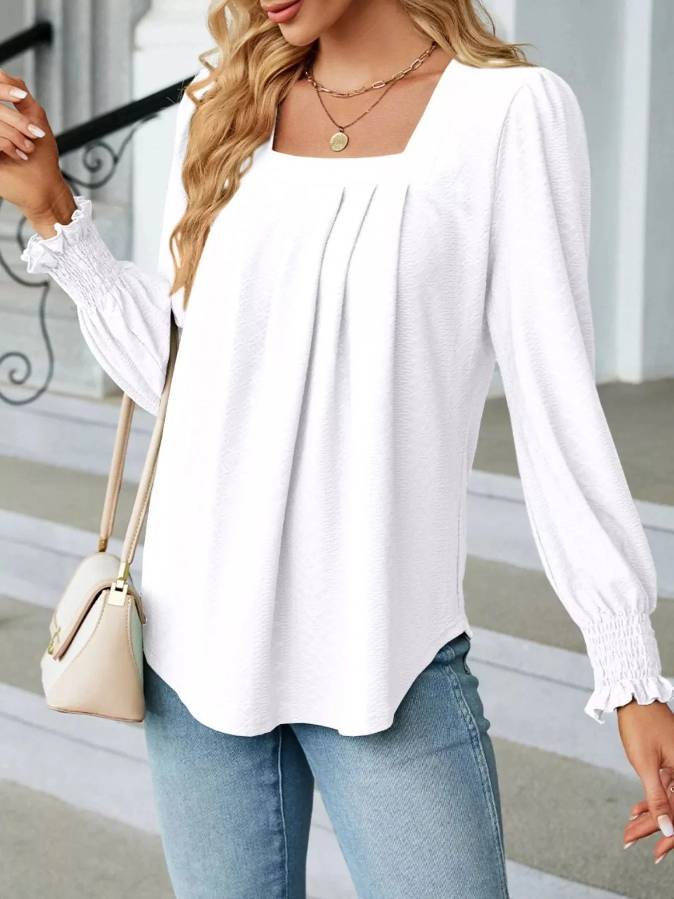 Pleated Square Neck Long Sleeve Top