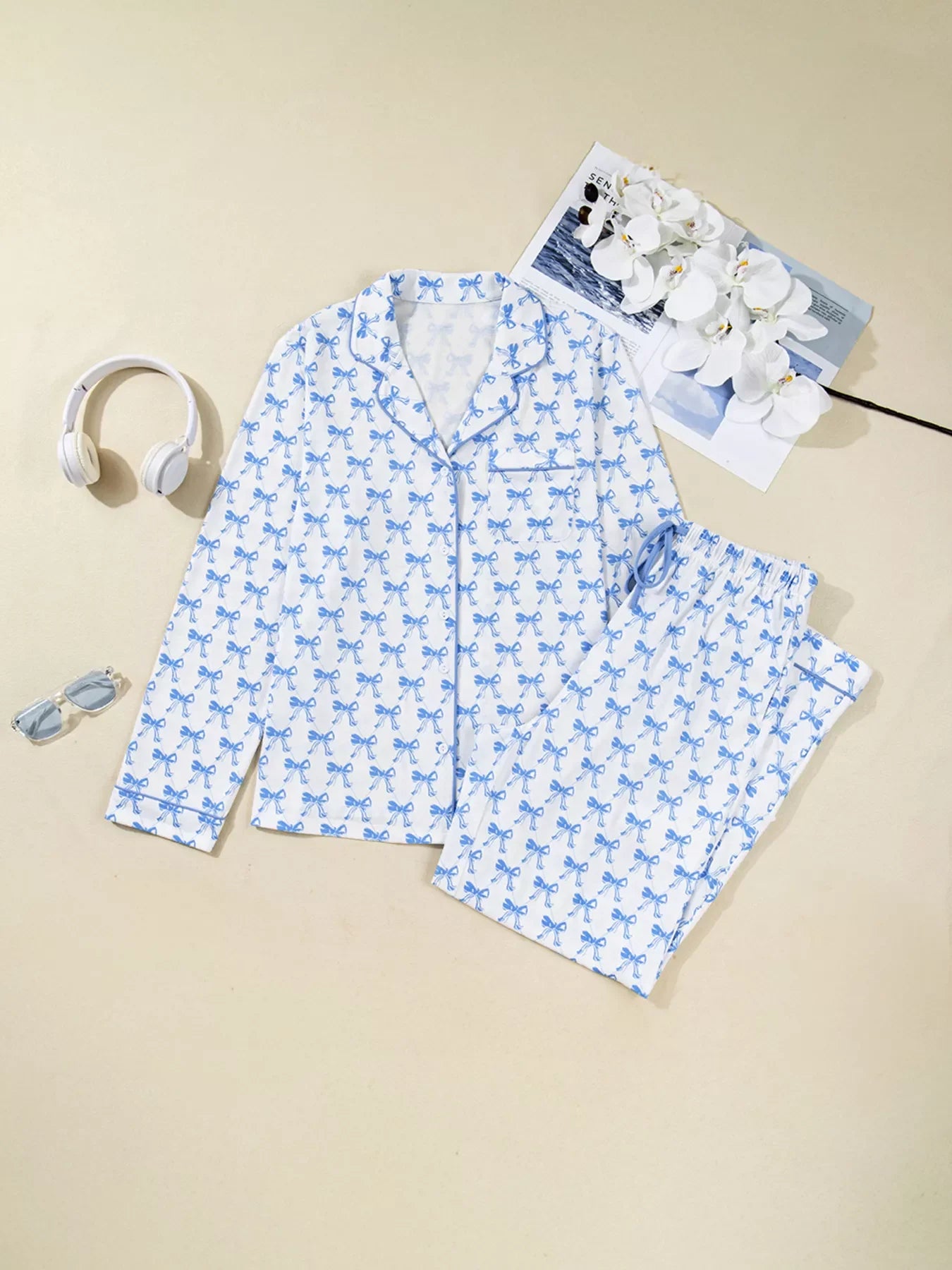 Bow Print Long Sleeve Shirt and Pants Pajama Set