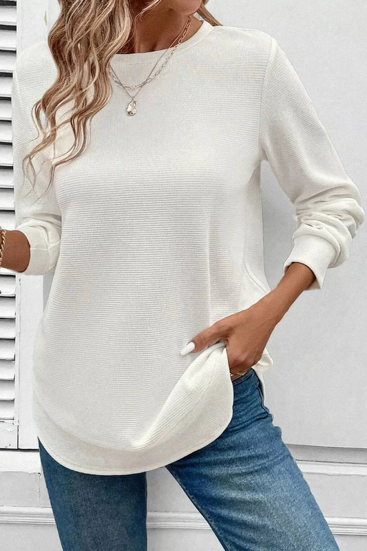 Rounded Neck Long Sleeve Waffle Knit Top