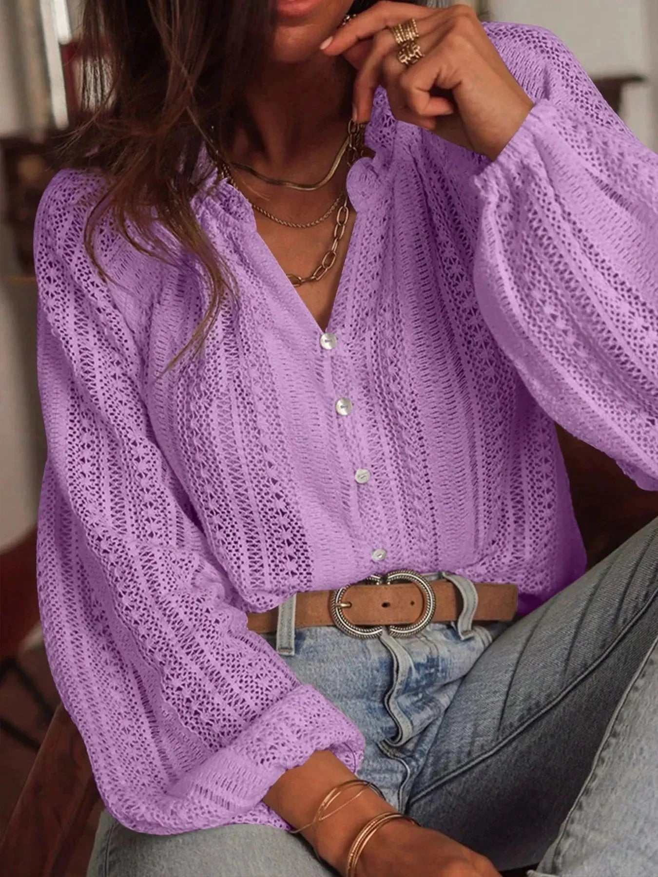 Crochet Notched Button Front Shirt