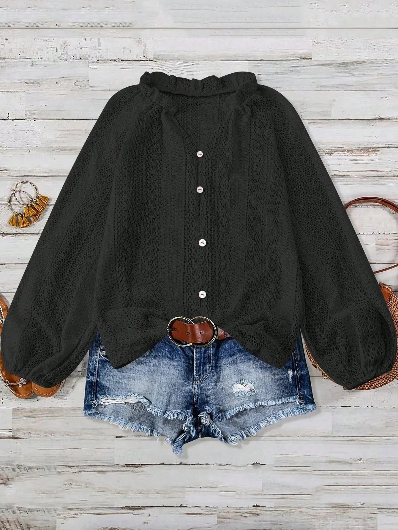 Crochet Notched Button Front Shirt