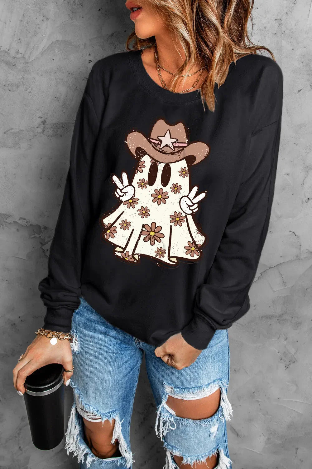 Ghost Round Neck Long Sleeve Halloween Graphic Sweatshirt