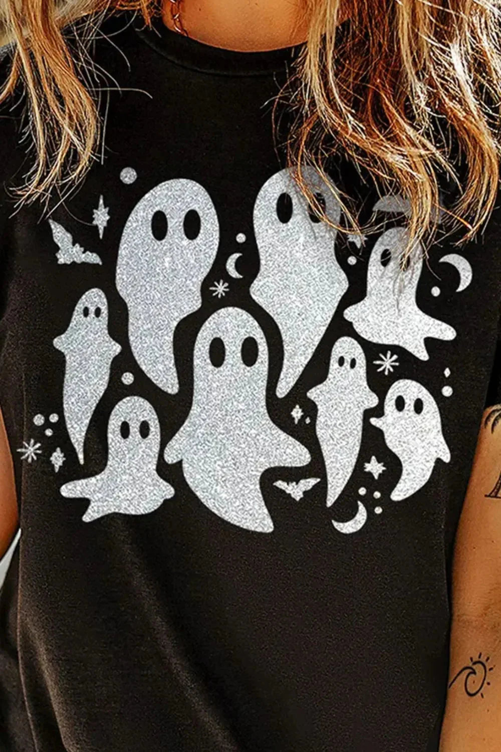 Plus Size Ghost Round Neck Short Sleeve Halloween Graphic T Shirt