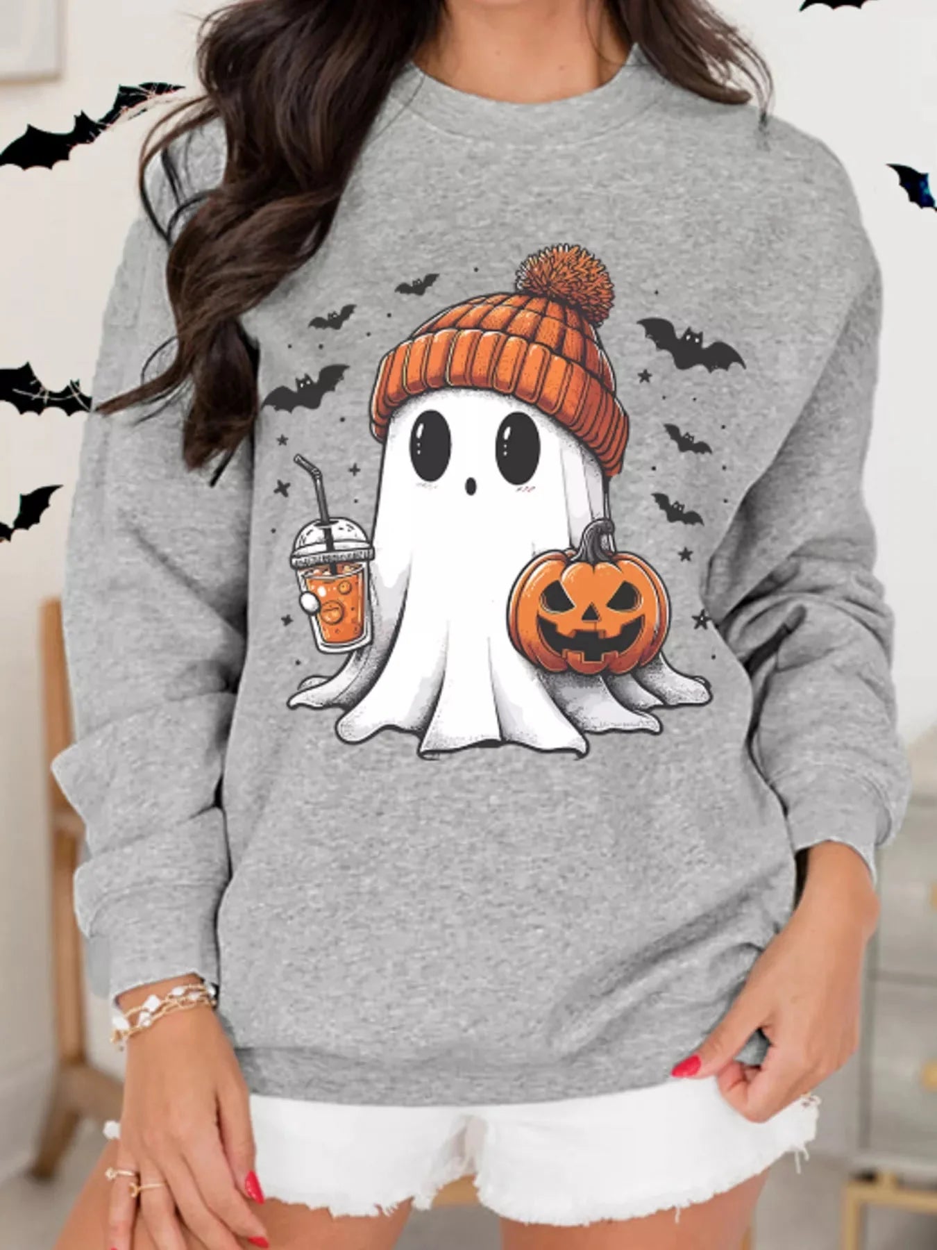 Round Neck Halloween Ghost Sweatshirt