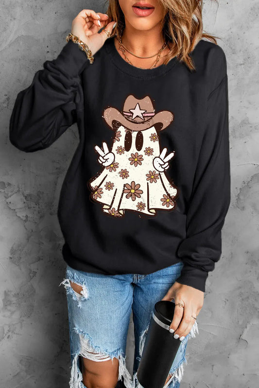 Ghost Round Neck Long Sleeve Halloween Graphic Sweatshirt