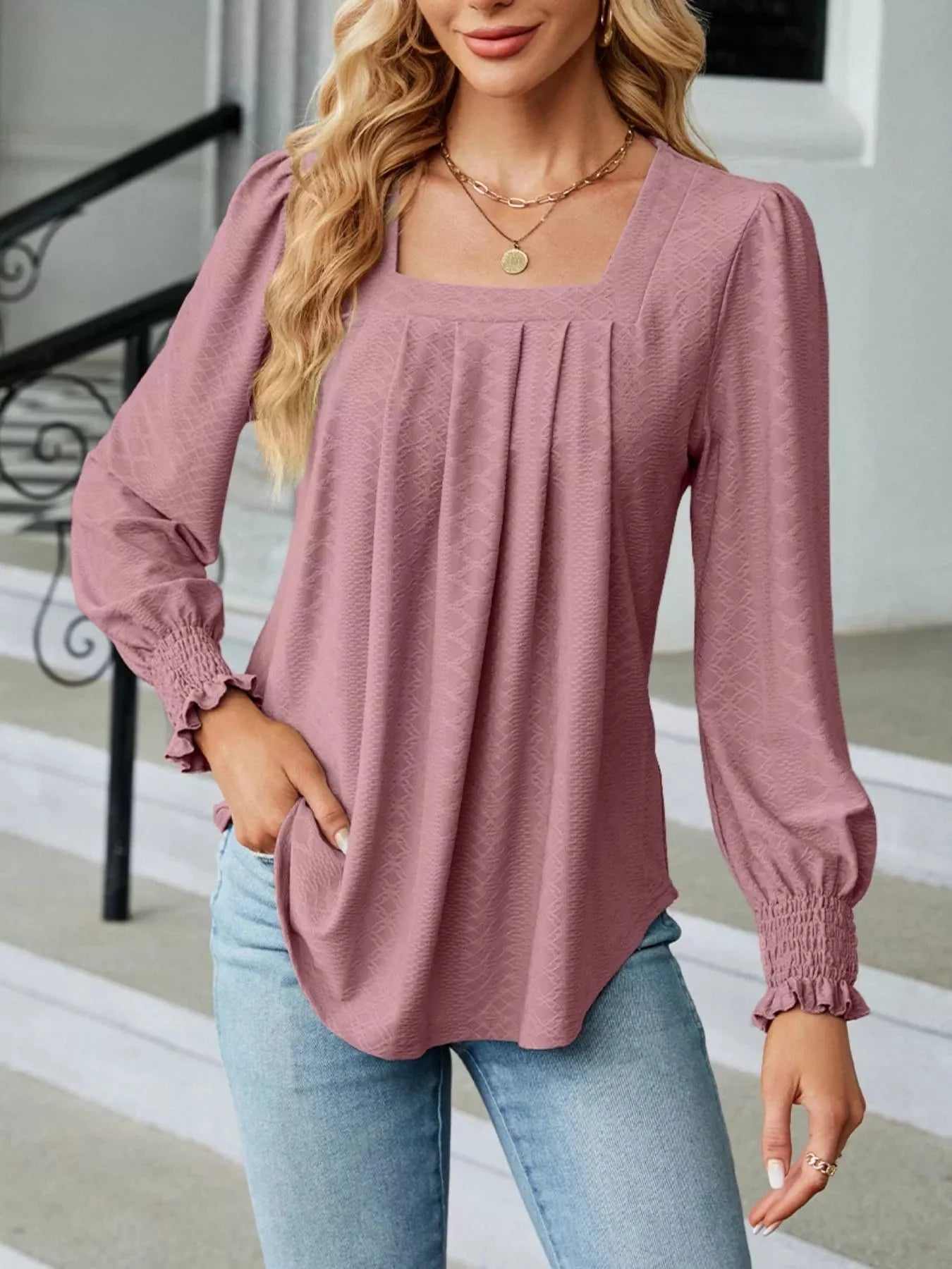 Pleated Square Neck Long Sleeve Top