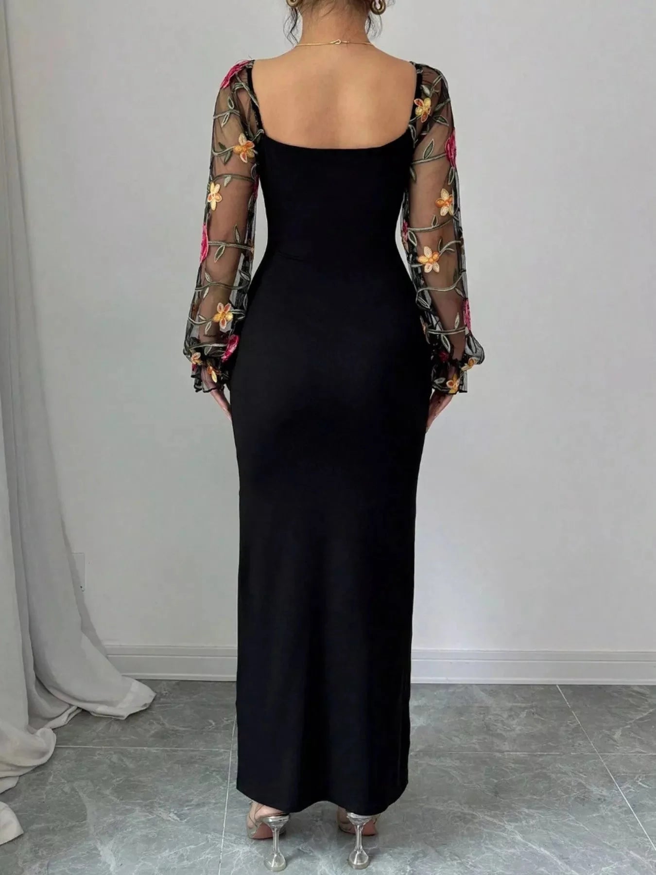 Sheer Floral Mesh Sleeves Black Bodycon Dress