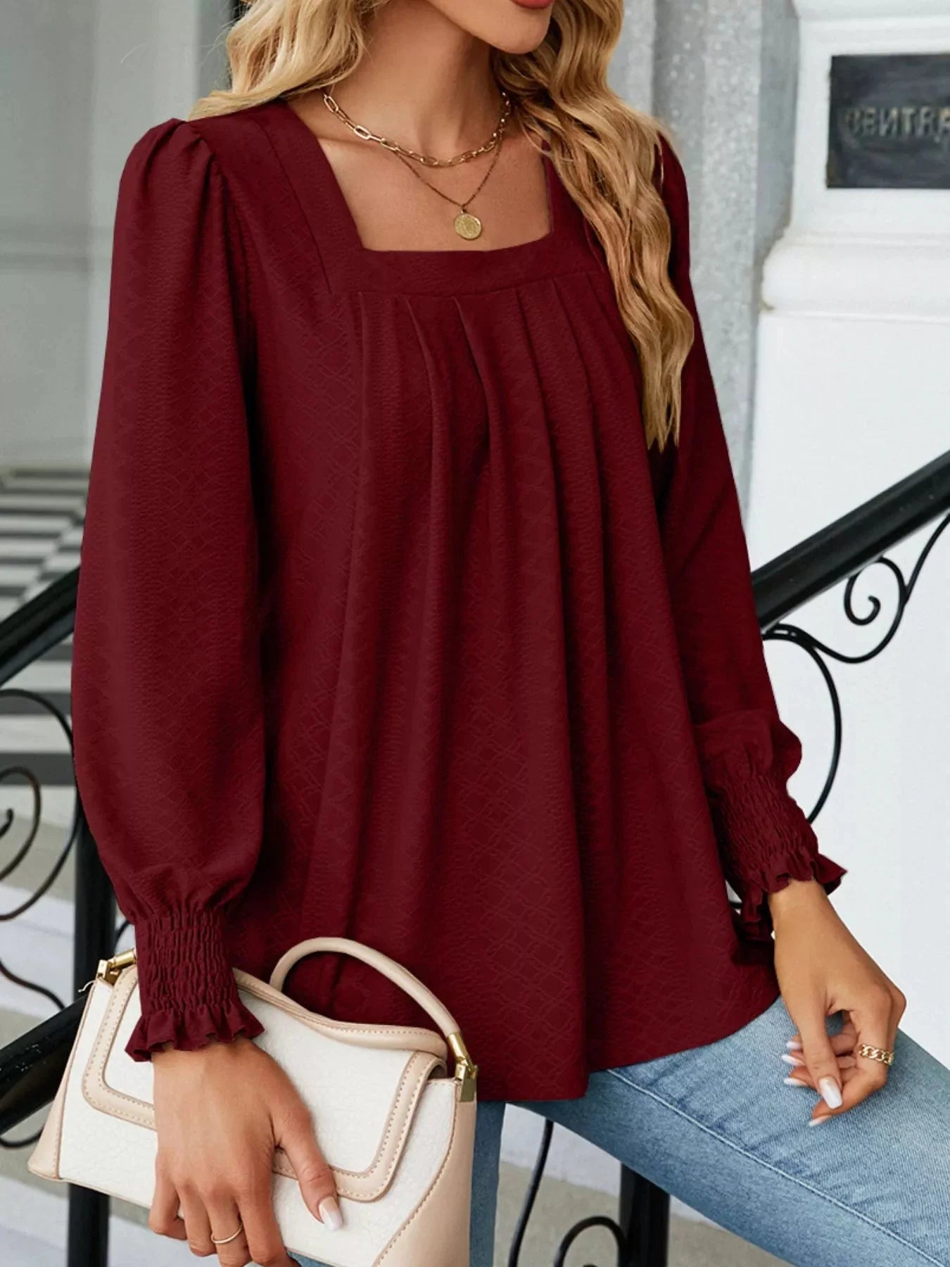 Pleated Square Neck Long Sleeve Top