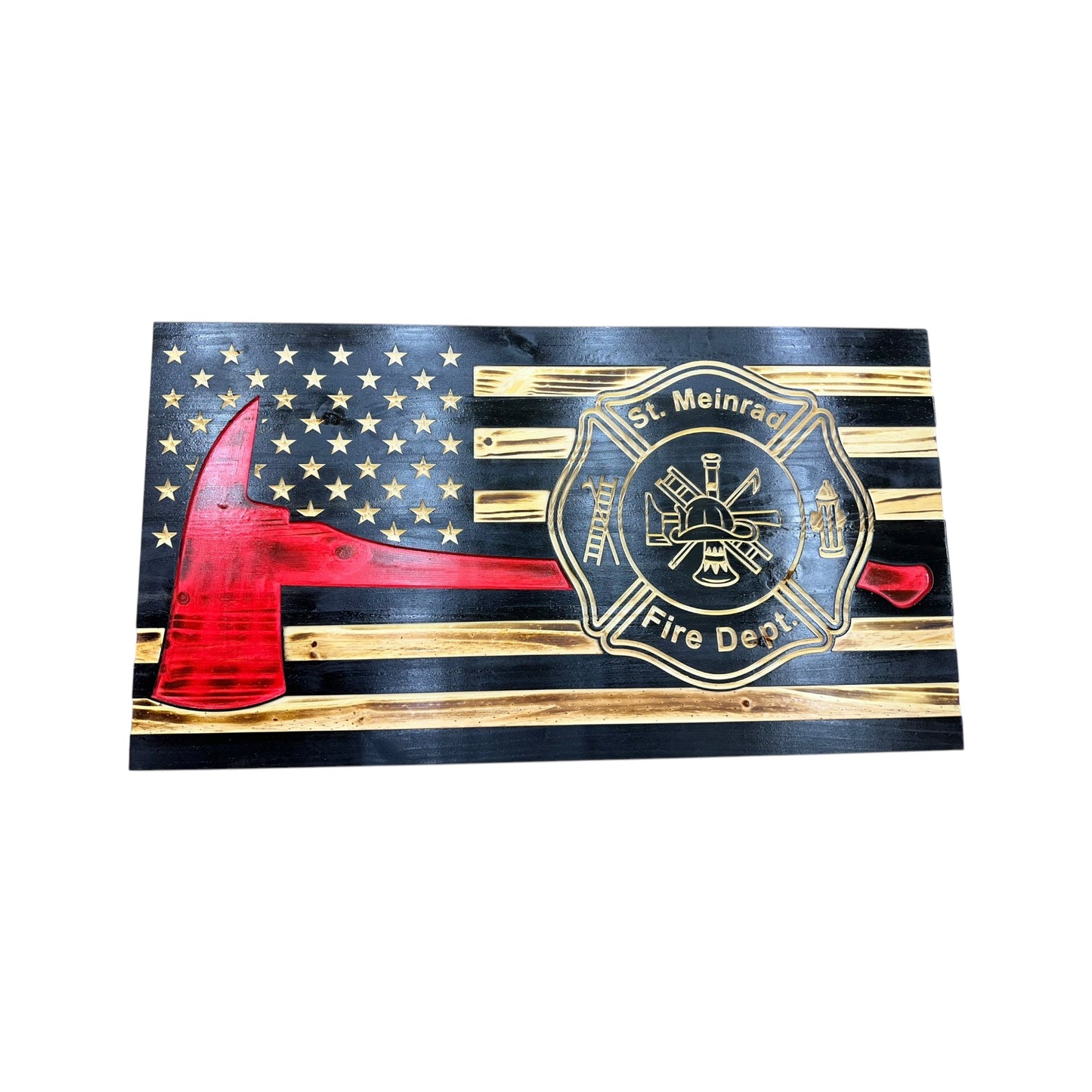Wooden Thin Red Line American Flag with Firefighter Axe and Custom Badge