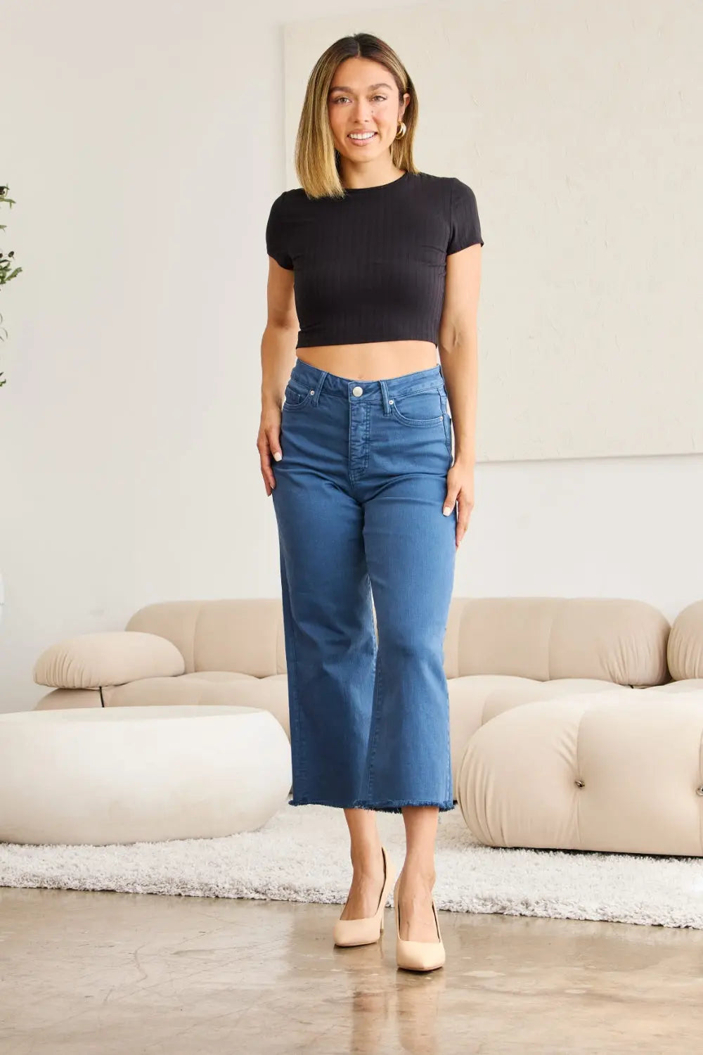 RFM Crop Full Size Tummy Control High Waist Raw Hem Jeans