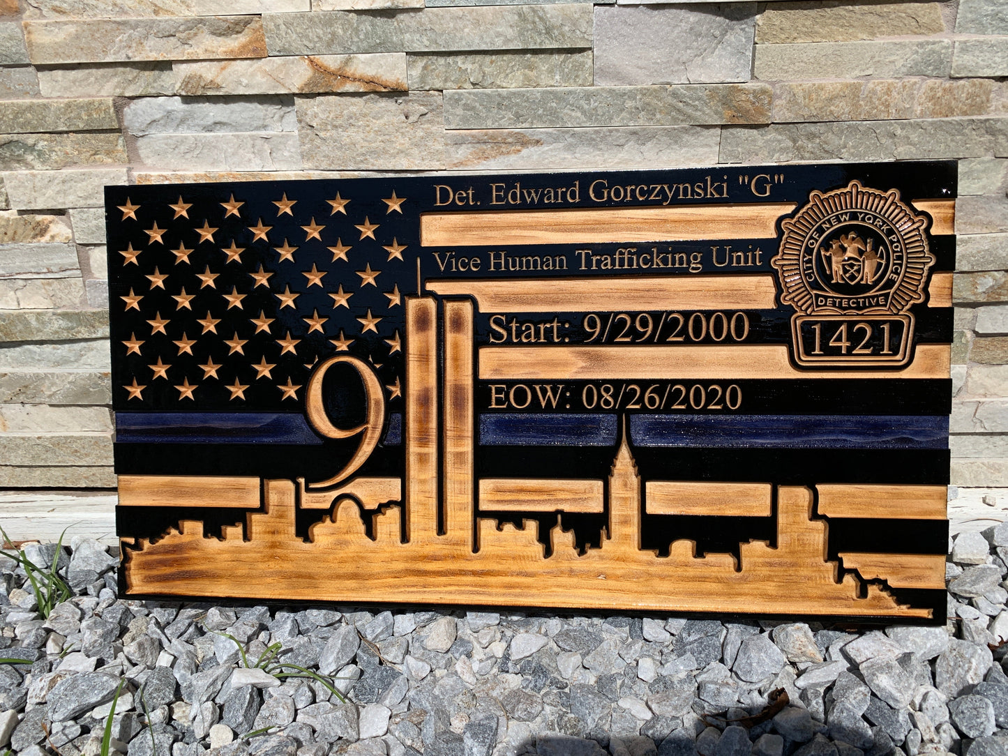 Wooden American Flag with NYC Skyline and Twin Towers - 9/11 Tribute Wall Art