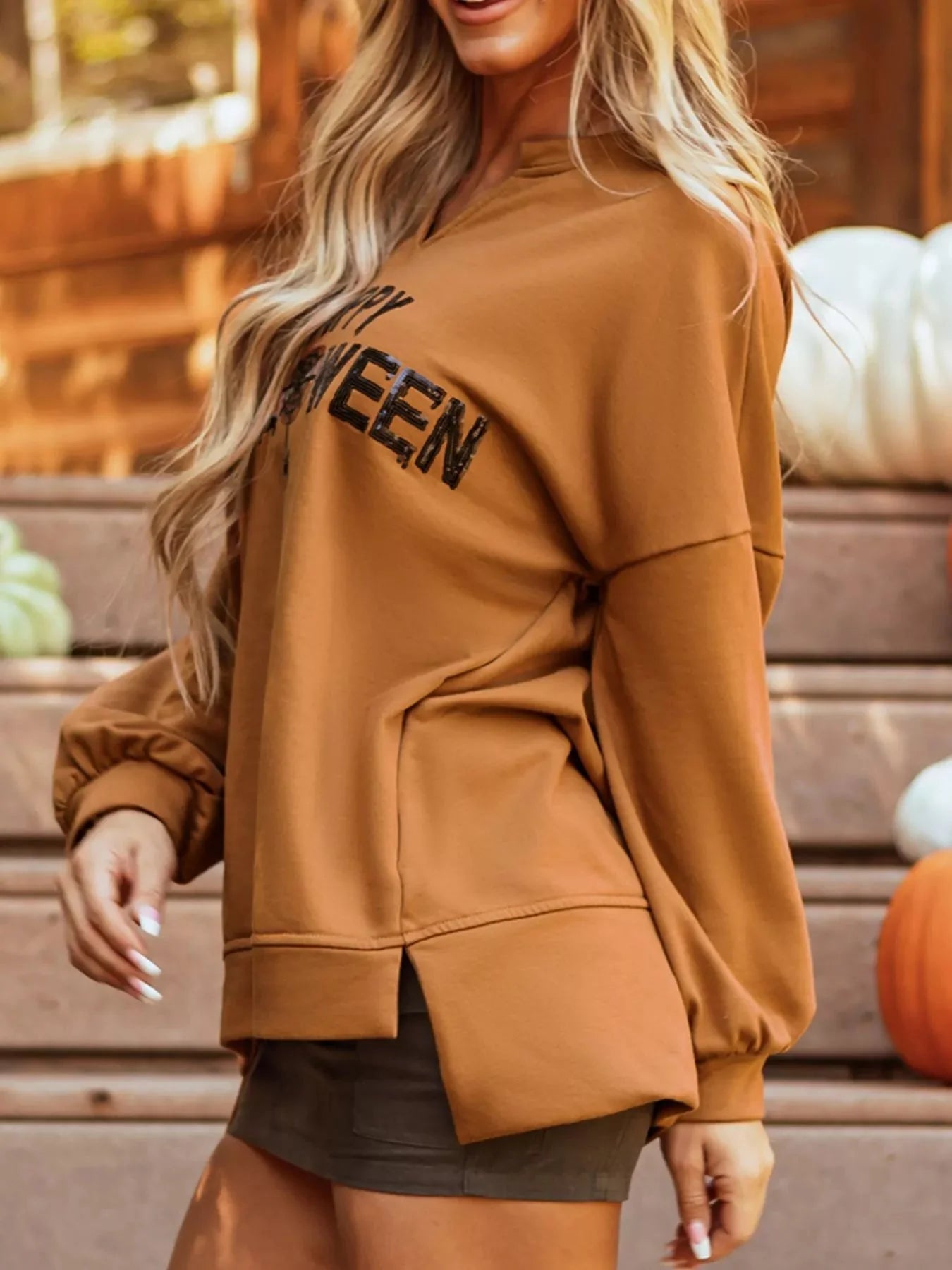 Notched Long Sleeve Oversized Happy Halloween Graphic Sweatshirt