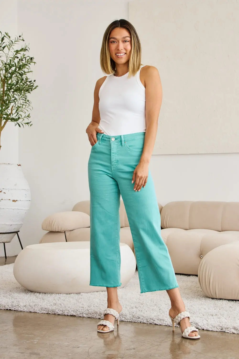 Island Green Full Size Tummy Control High Waist Raw Hem Jeans