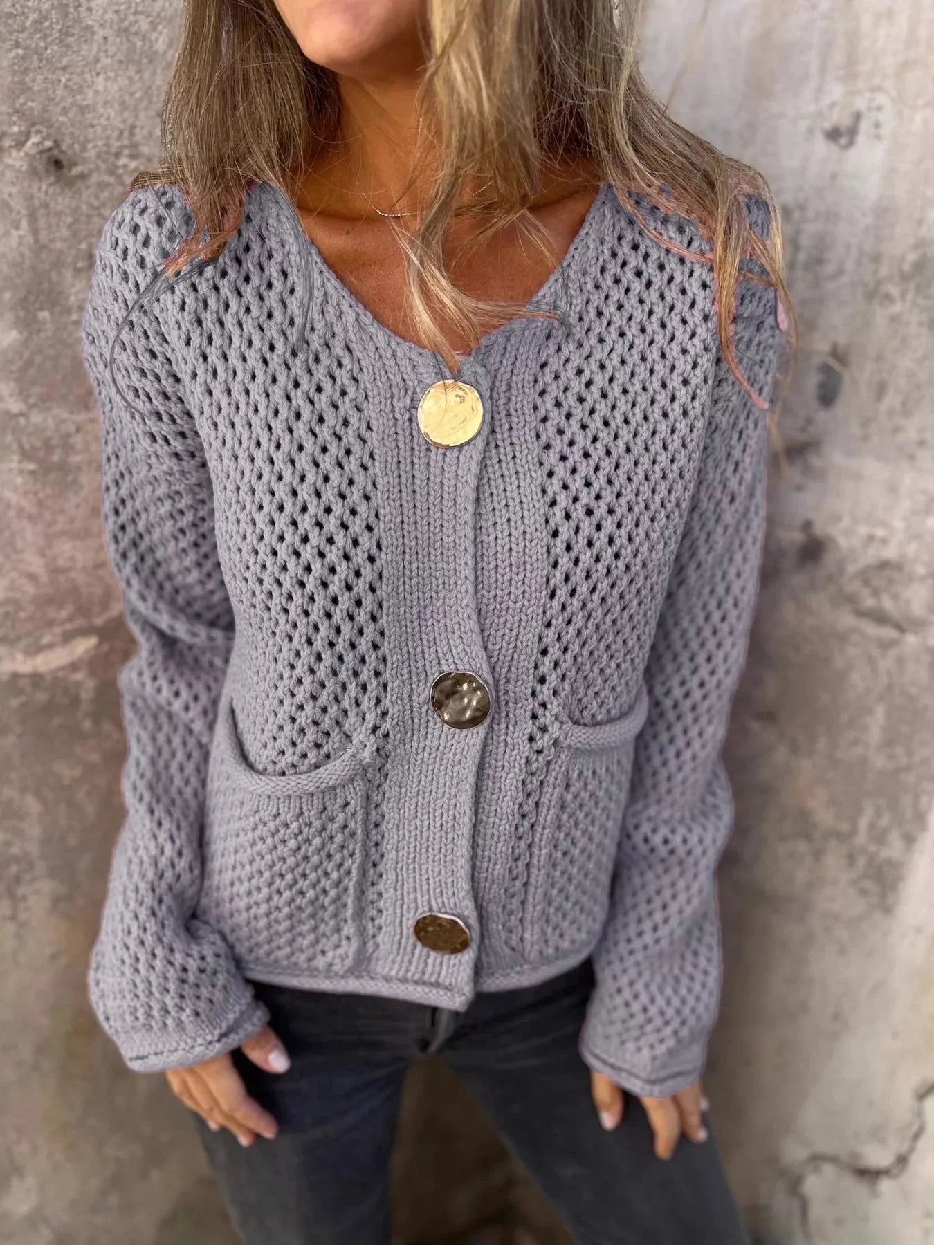 Crochet Button Up Long Sleeve Cardigan