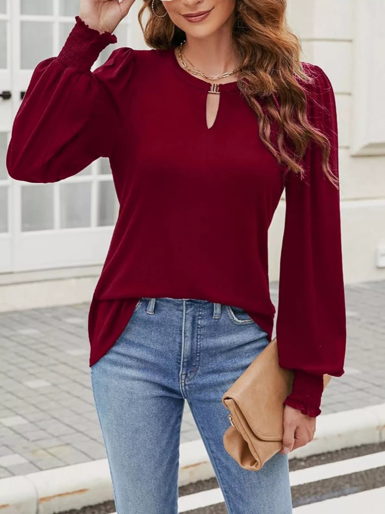 Long Sleeve Keyhole Neck Top