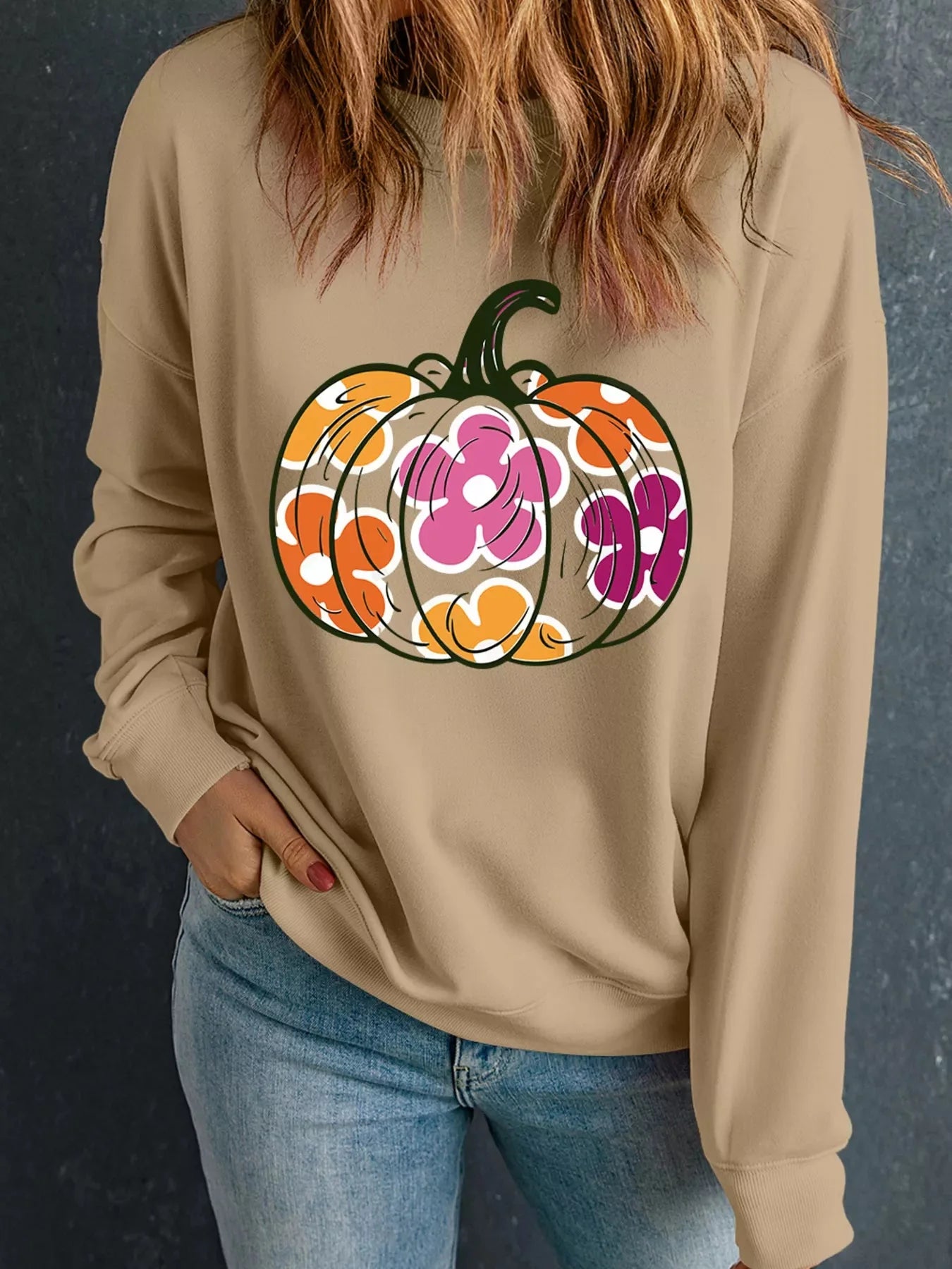 Drop Shoulder Floral Pumpkin Halloween Graphic Sweatshirt