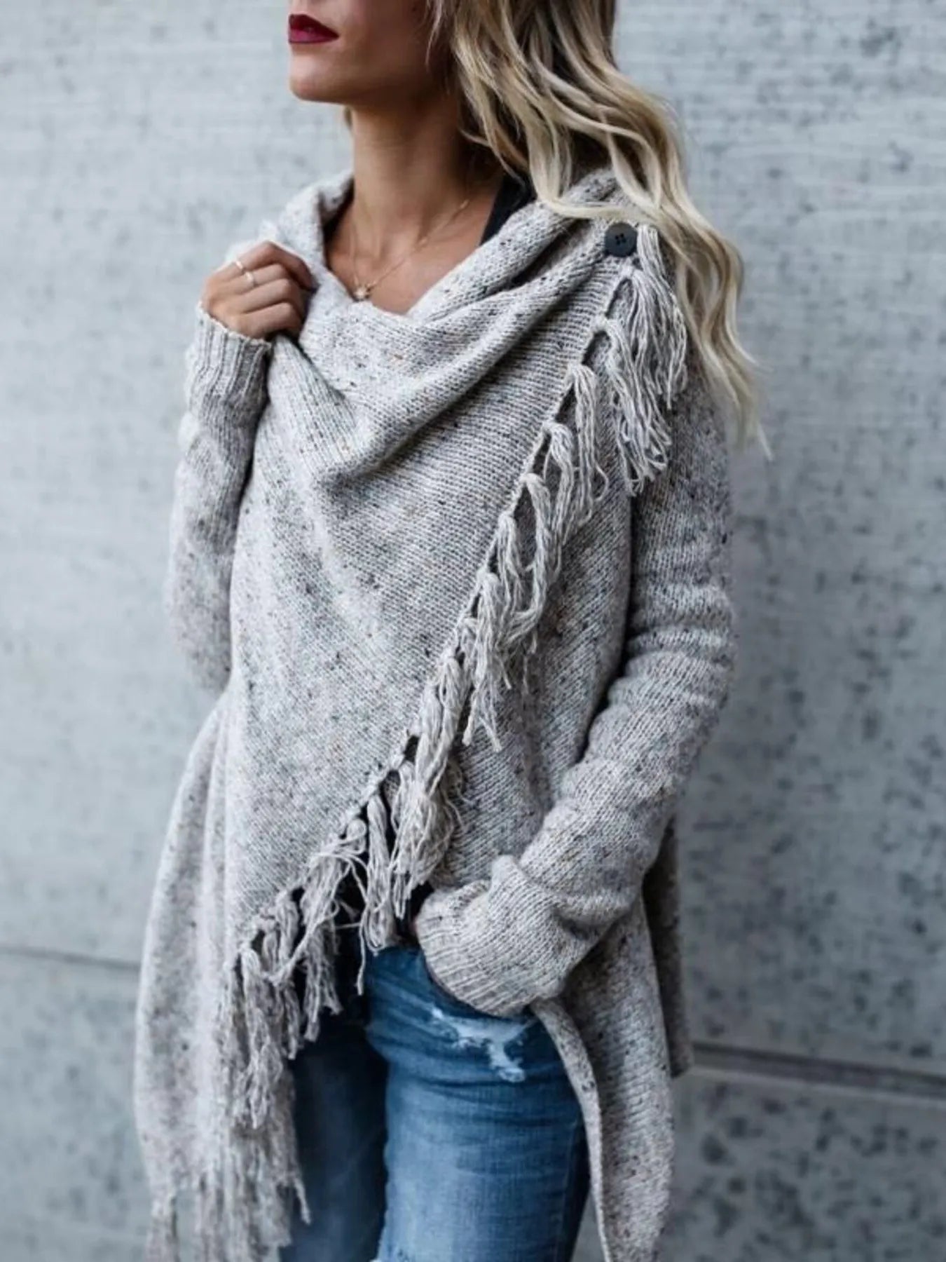 Fringe Long Sleeve Wrap Oversized Cardigan