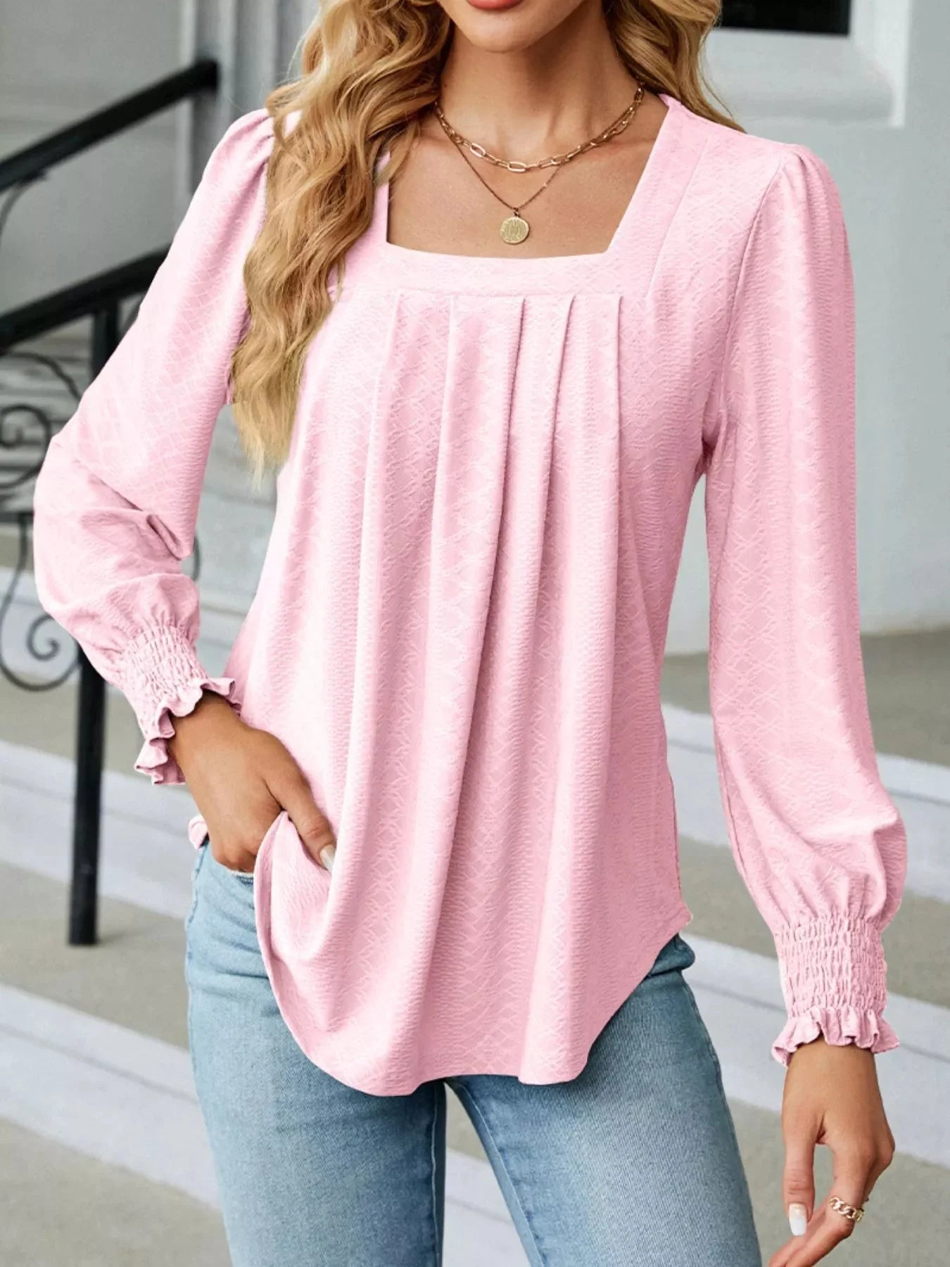 Pleated Square Neck Long Sleeve Top