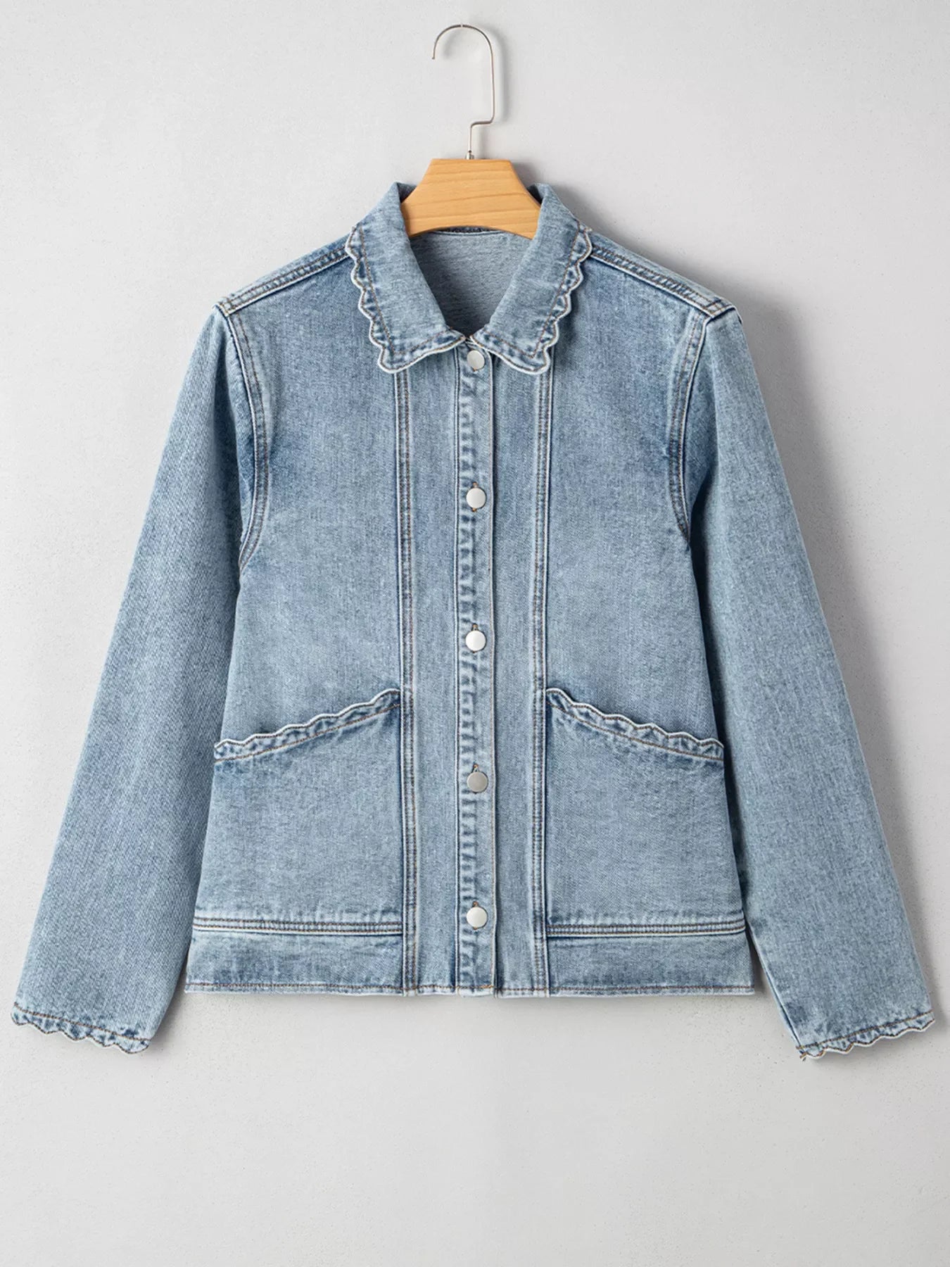 Scallop Trim Collar Patched Pocket Button Up Denim Jacket