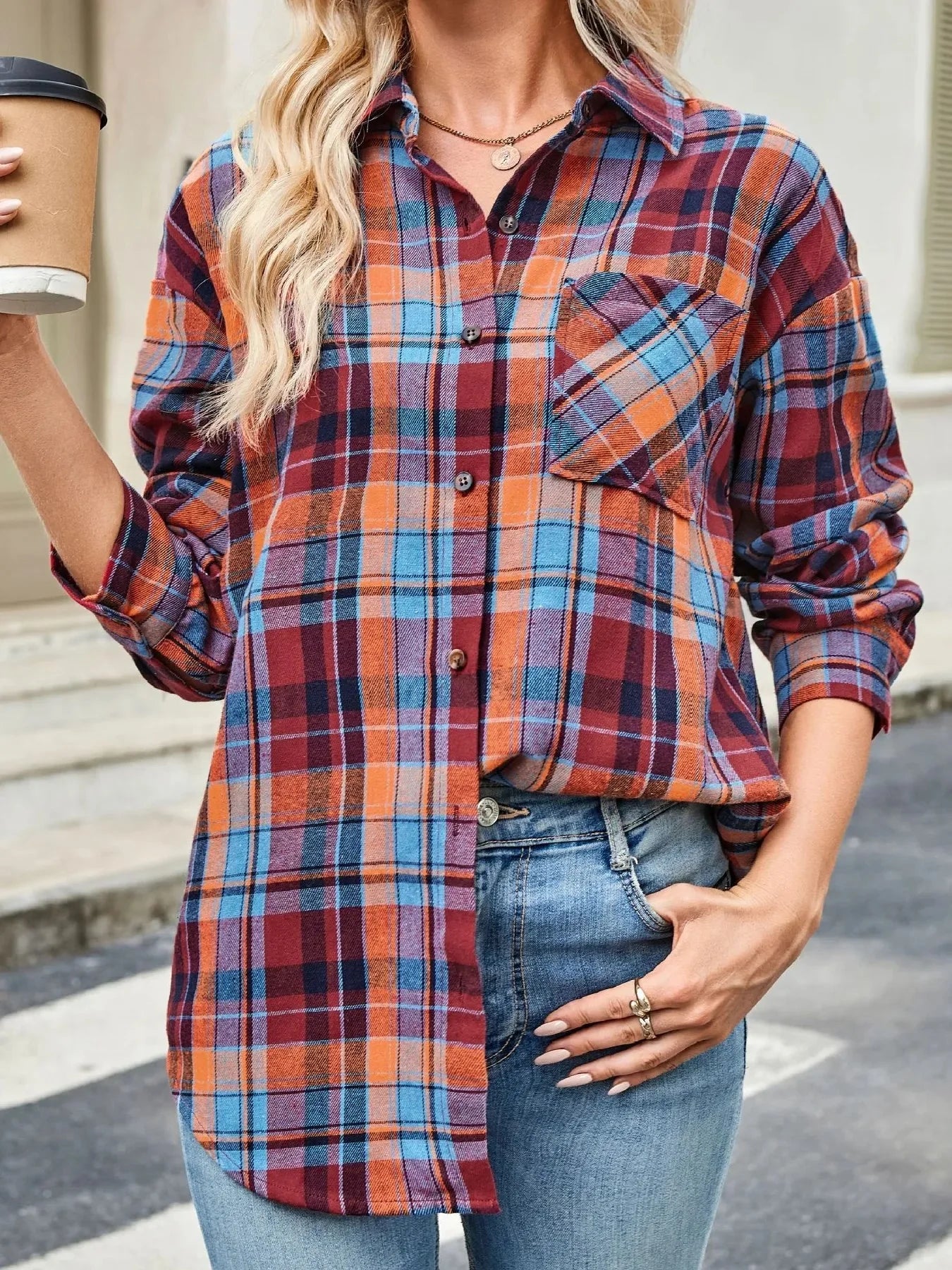 Oversized Plaid Button Up Long Sleeve Shirt