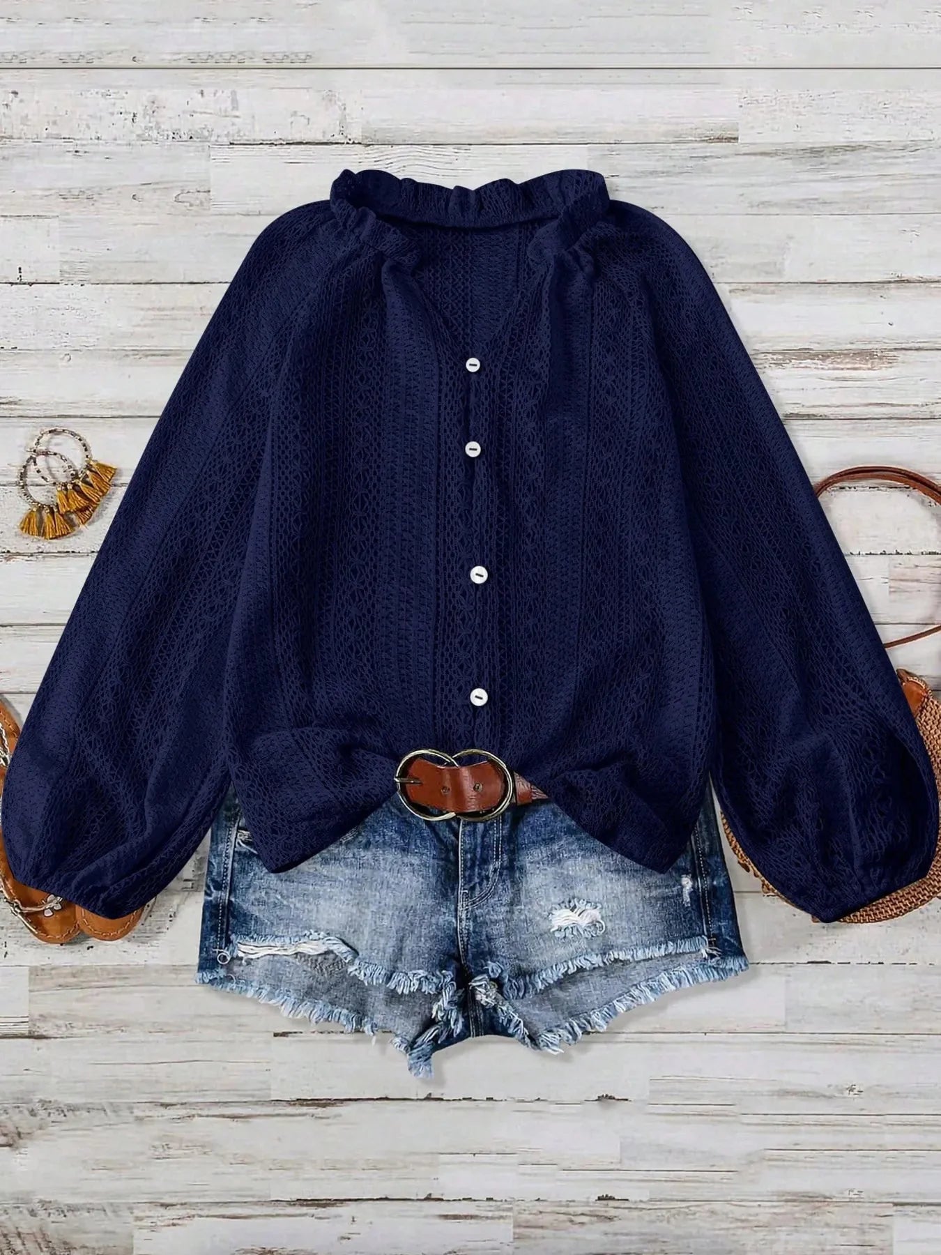 Crochet Notched Button Front Shirt