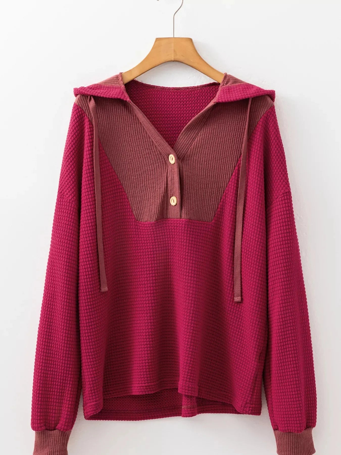 Cozy Contrast Waffle Knit Henley Sweatshirt with Button Detail