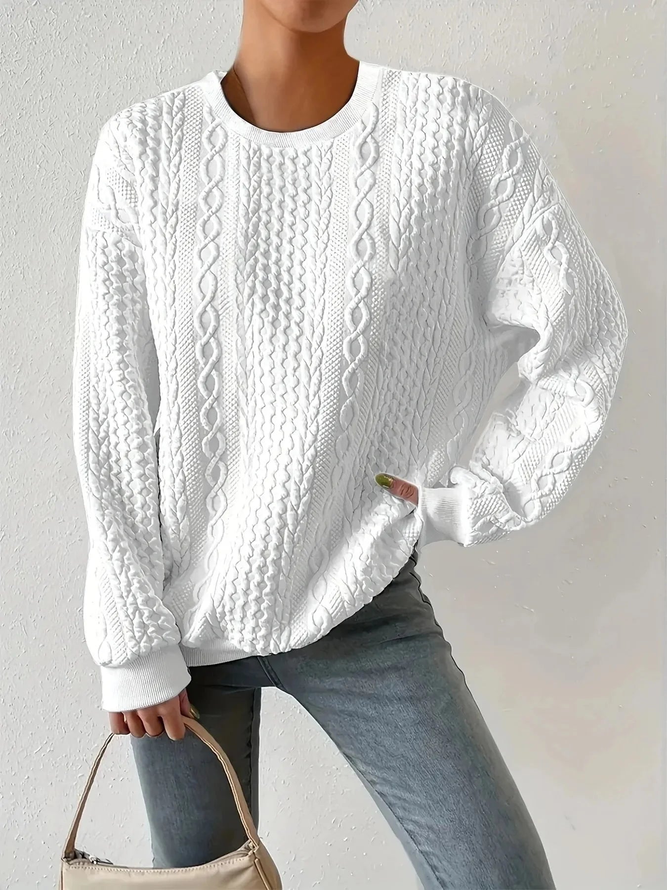 Round Neck Cable Knit Oversized Sweatshirt
