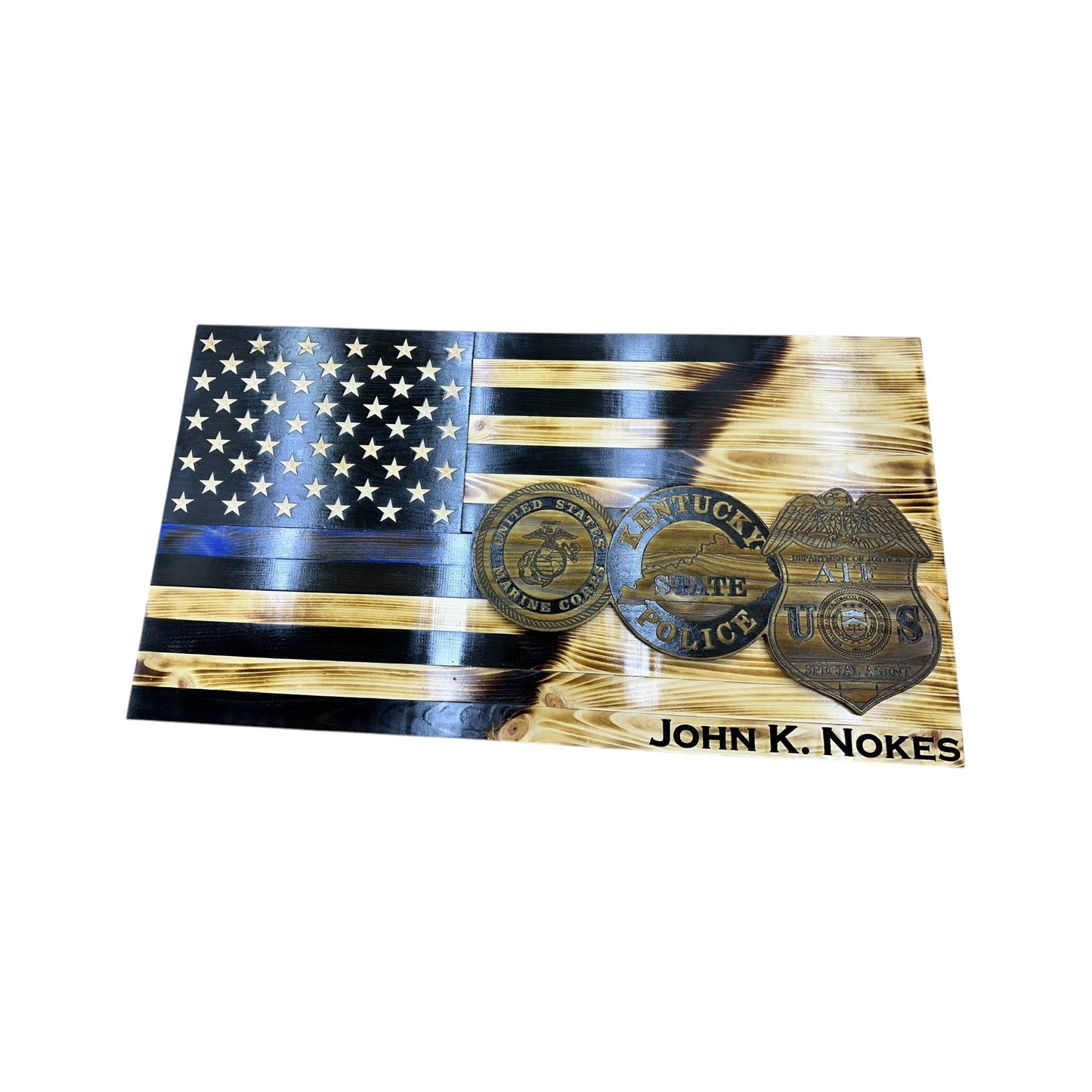 Custom Split American Flag with Engraved Badges and Personalization