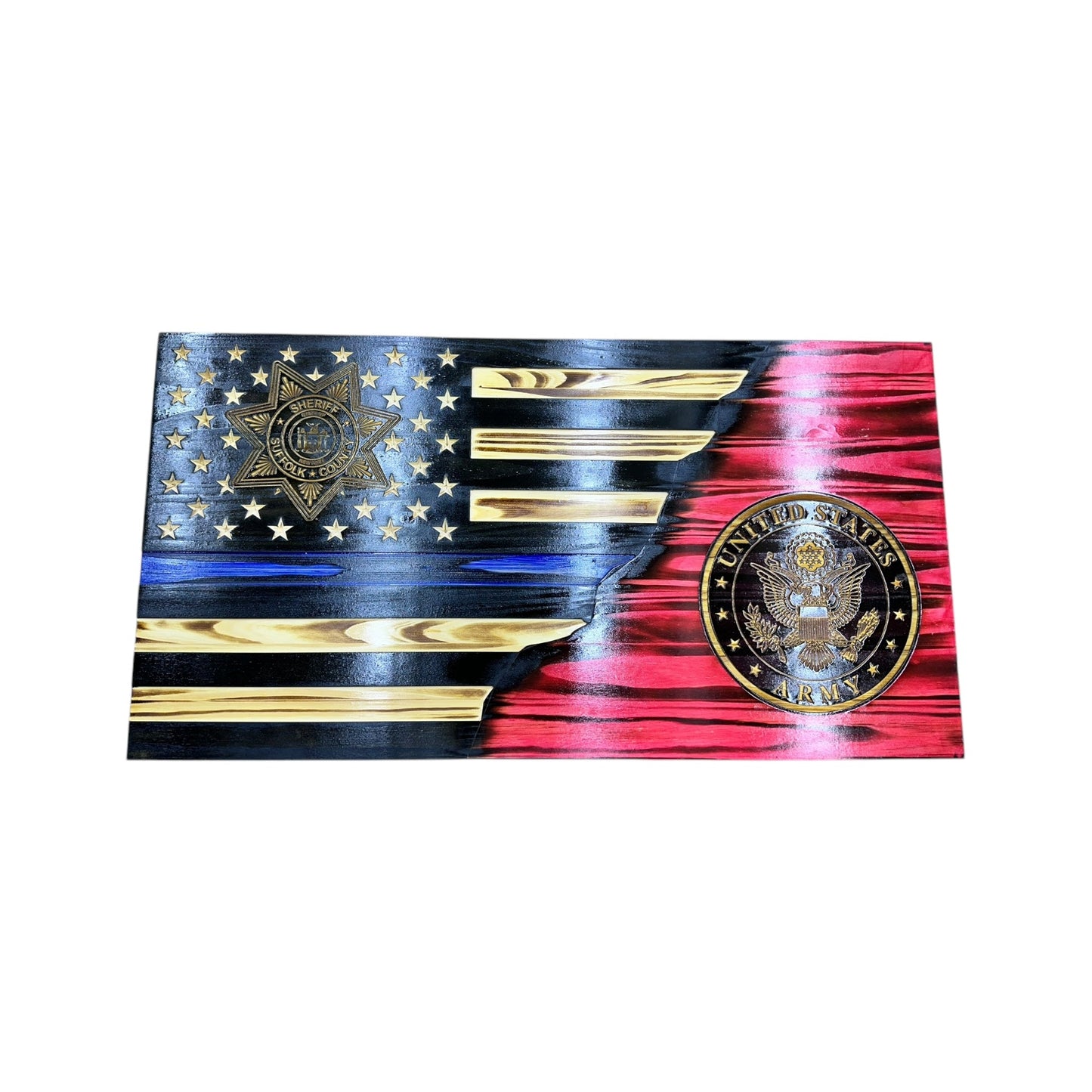 Custom Split American Flag with Engraved Badges and Personalization