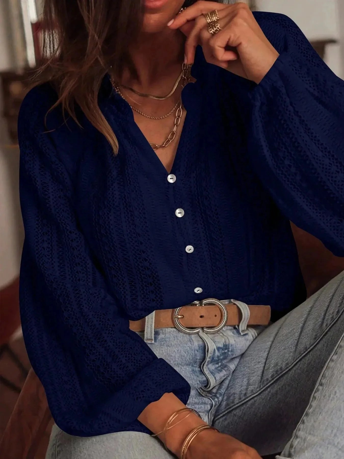 Crochet Notched Button Front Shirt