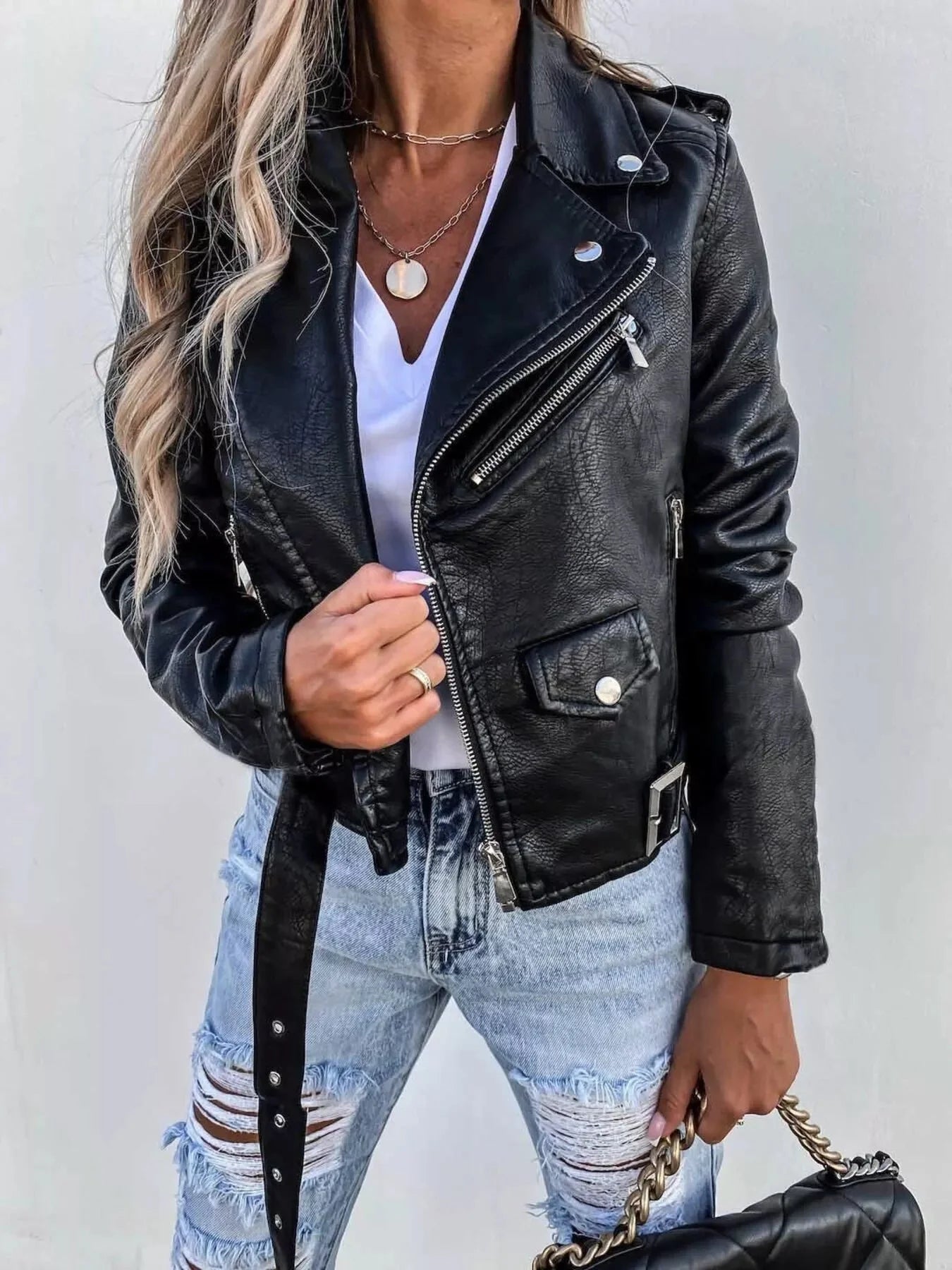Plus Size Zip Up Motorcycle Biker Faux Leather Jacket