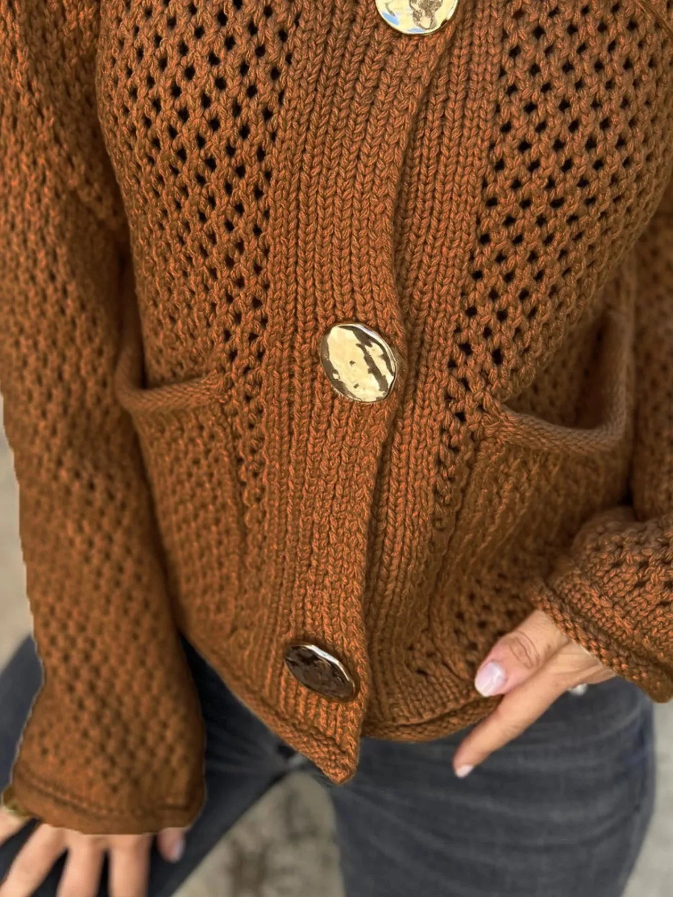 Crochet Button Up Long Sleeve Cardigan