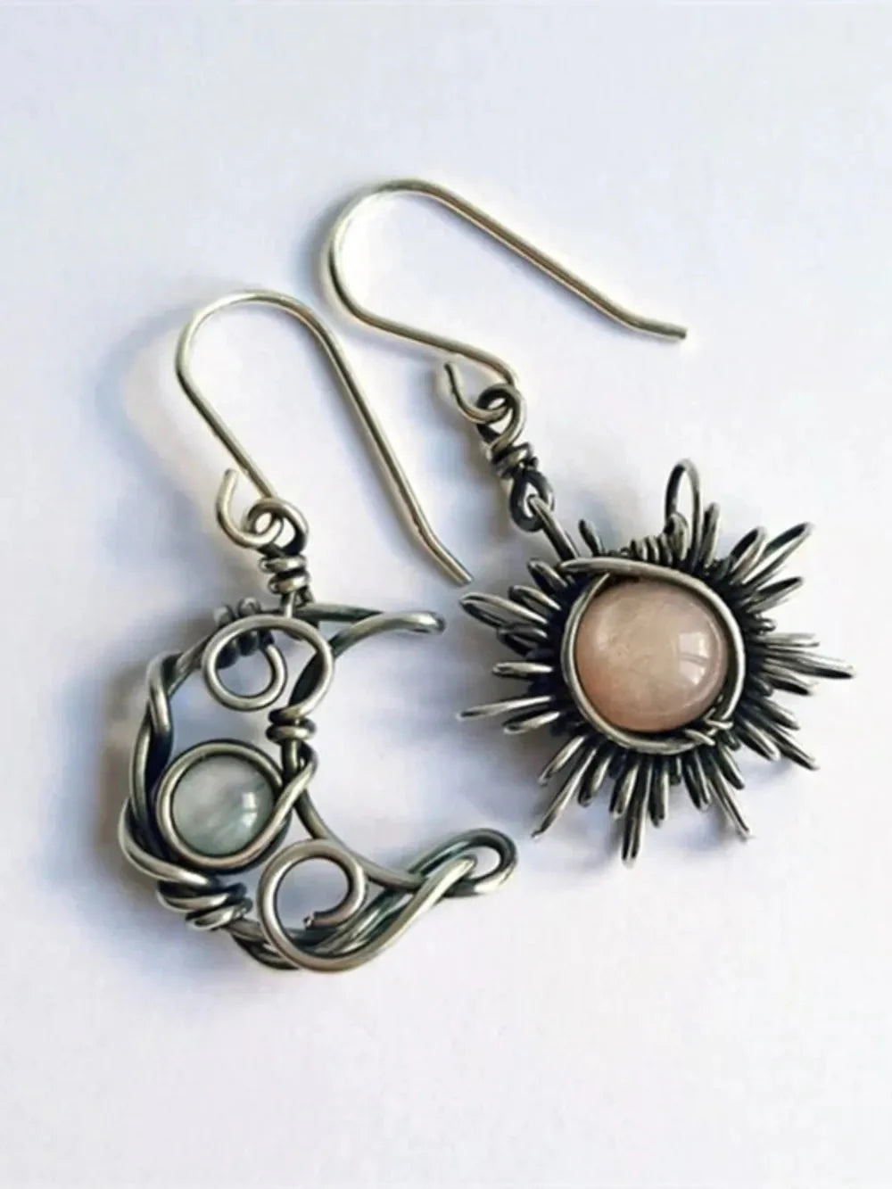 Moonstone Sun & Moon Celestial Drop Earrings – Boho Alloy Dangle Jewelry