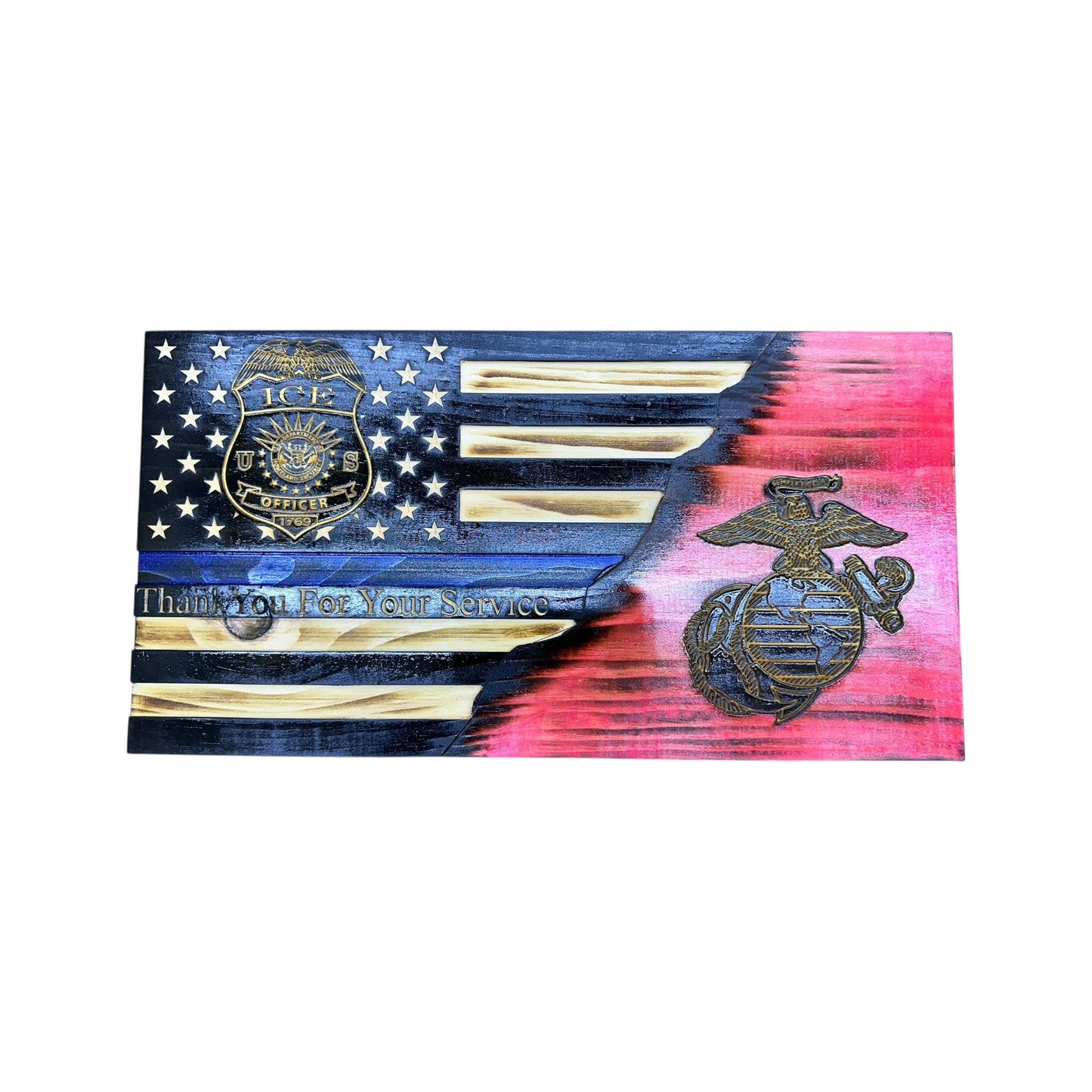Custom Split American Flag with Engraved Badges and Personalization