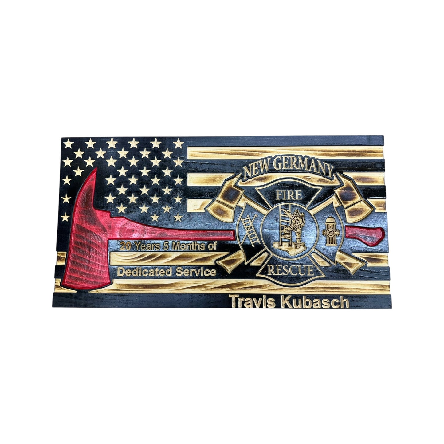 Wooden Thin Red Line American Flag with Firefighter Axe and Custom Badge
