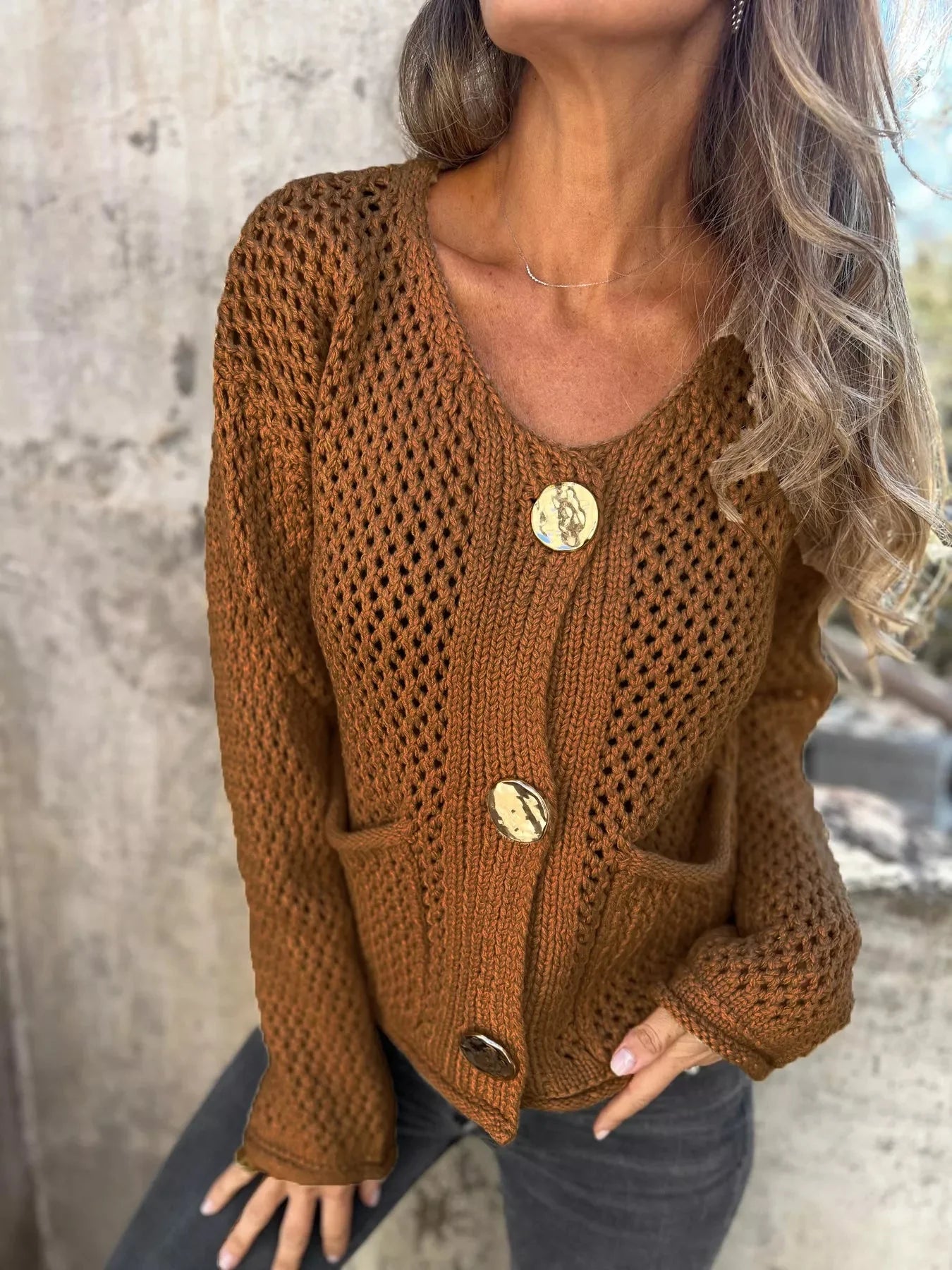 Crochet Button Up Long Sleeve Cardigan