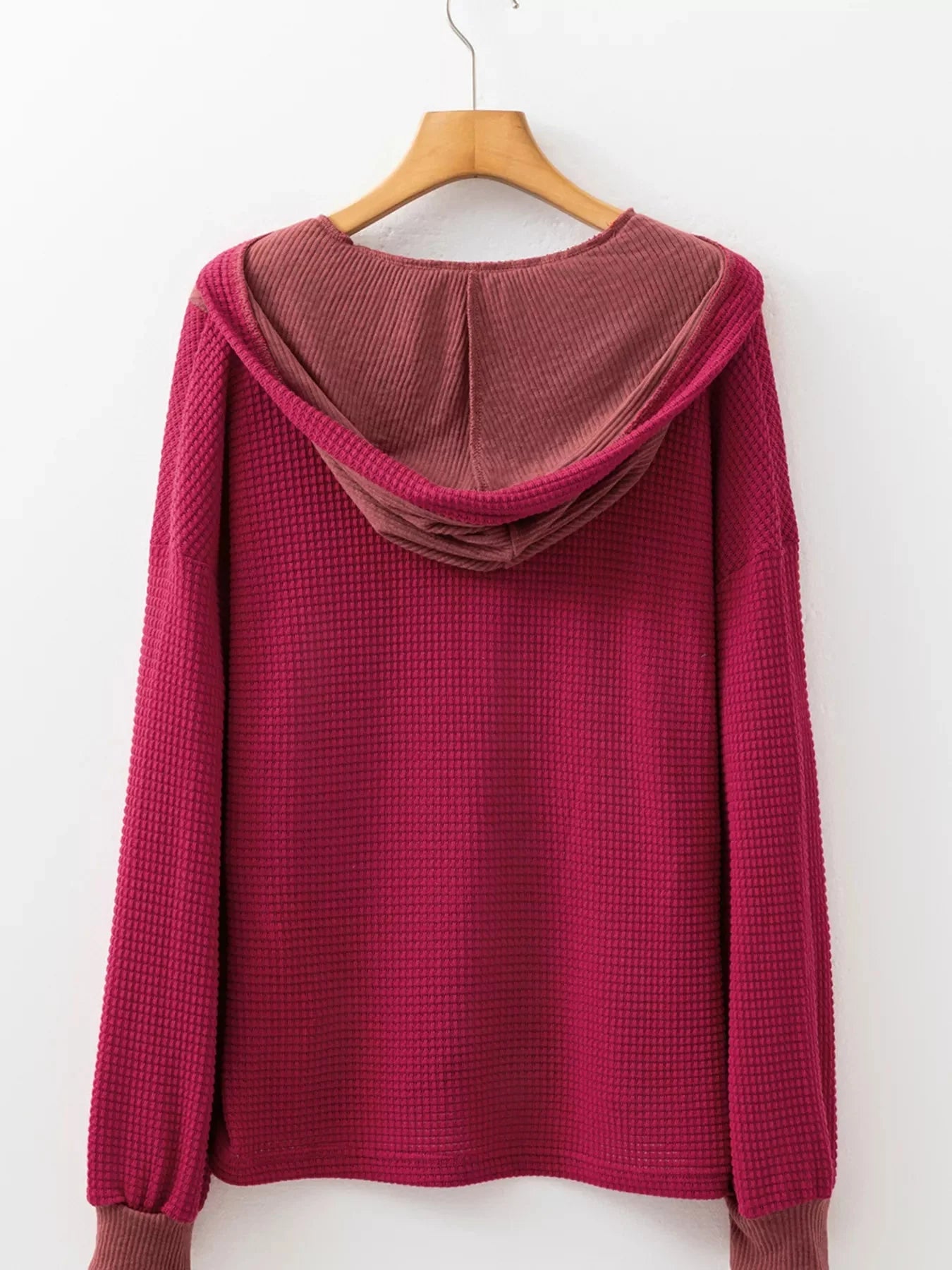 Cozy Contrast Waffle Knit Henley Sweatshirt with Button Detail