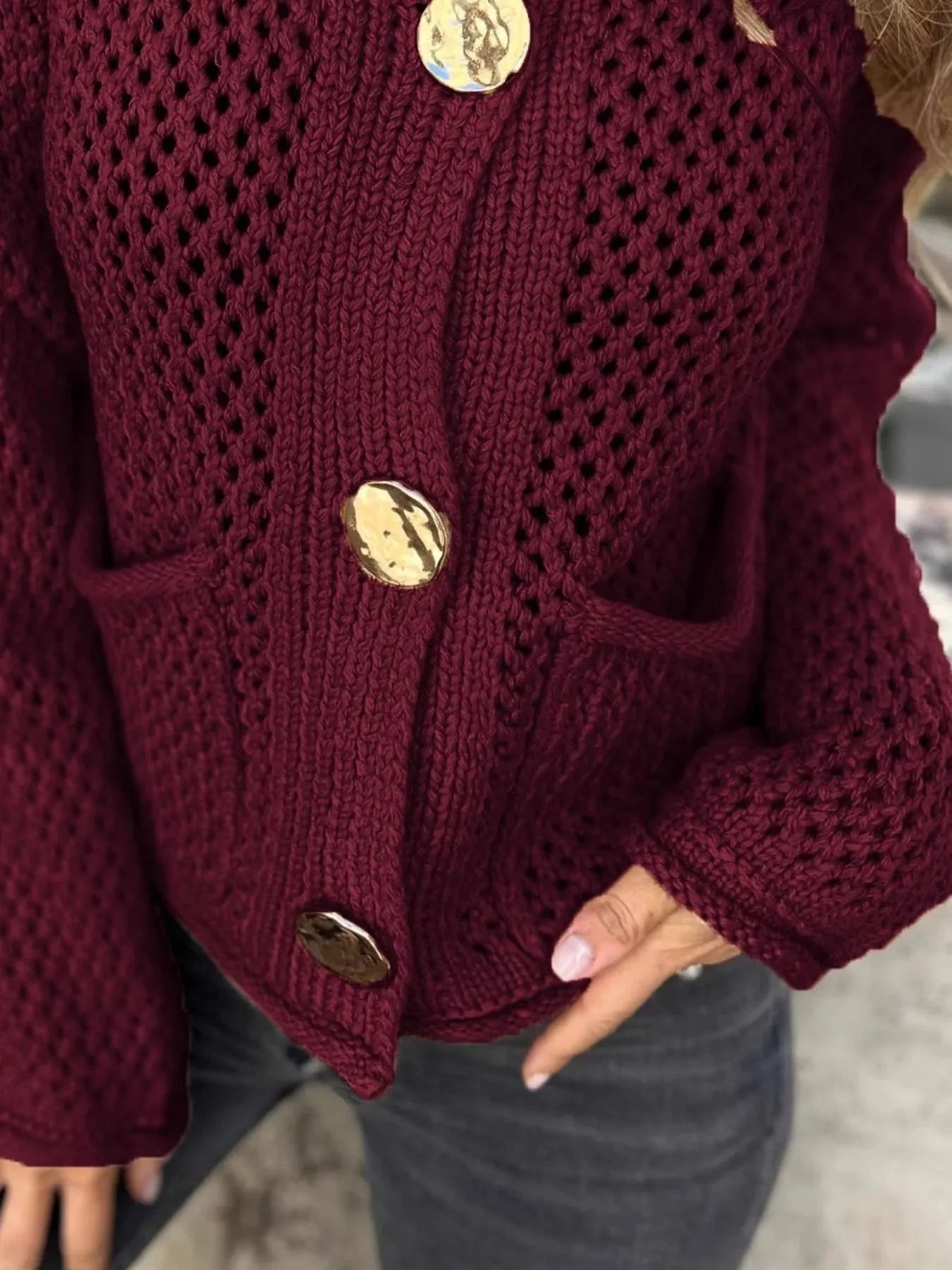 Crochet Button Up Long Sleeve Cardigan