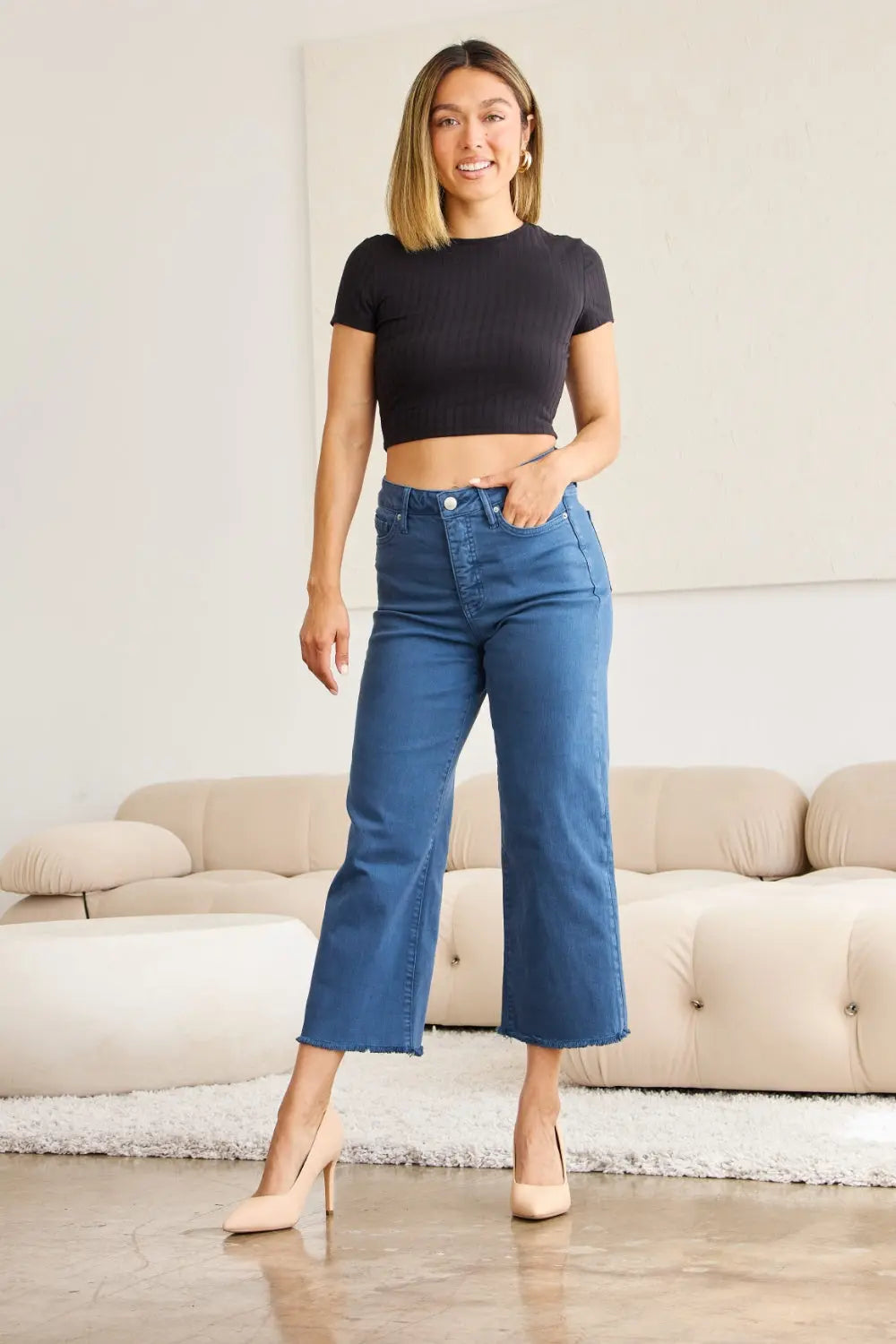 RFM Crop Full Size Tummy Control High Waist Raw Hem Jeans