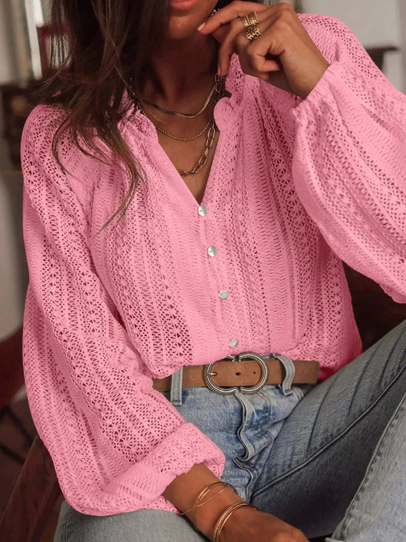 Crochet Notched Button Front Shirt